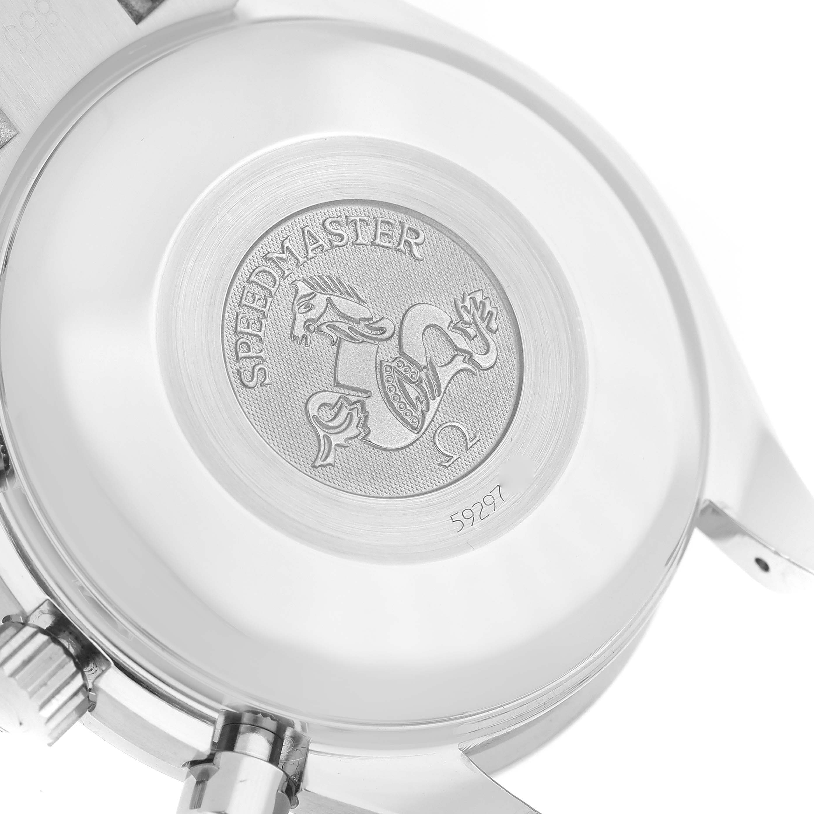 The image shows the back case of an Omega Speedmaster 3513.54.00 Men
s Stainless Steel Black Dial 3513.54.00 Men
s Stainless Steel Black Dial watch, featuring the engraved design and serial number.