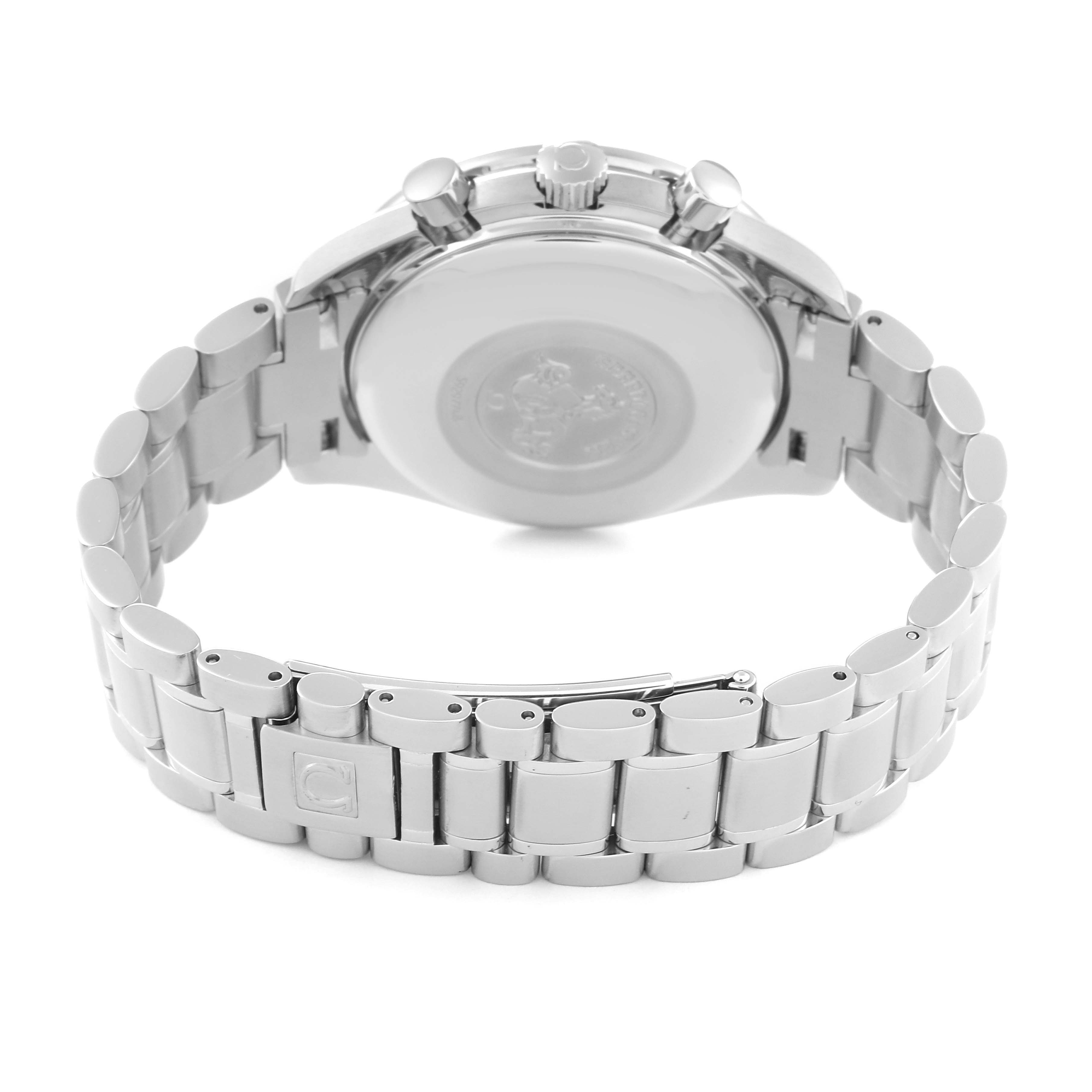 The image shows the back of an Omega Speedmaster 3513.54.00 Men
s Stainless Steel Black Dial 3513.54.00 Men
s Stainless Steel Black Dial watch, highlighting its case back and stainless steel bracelet.