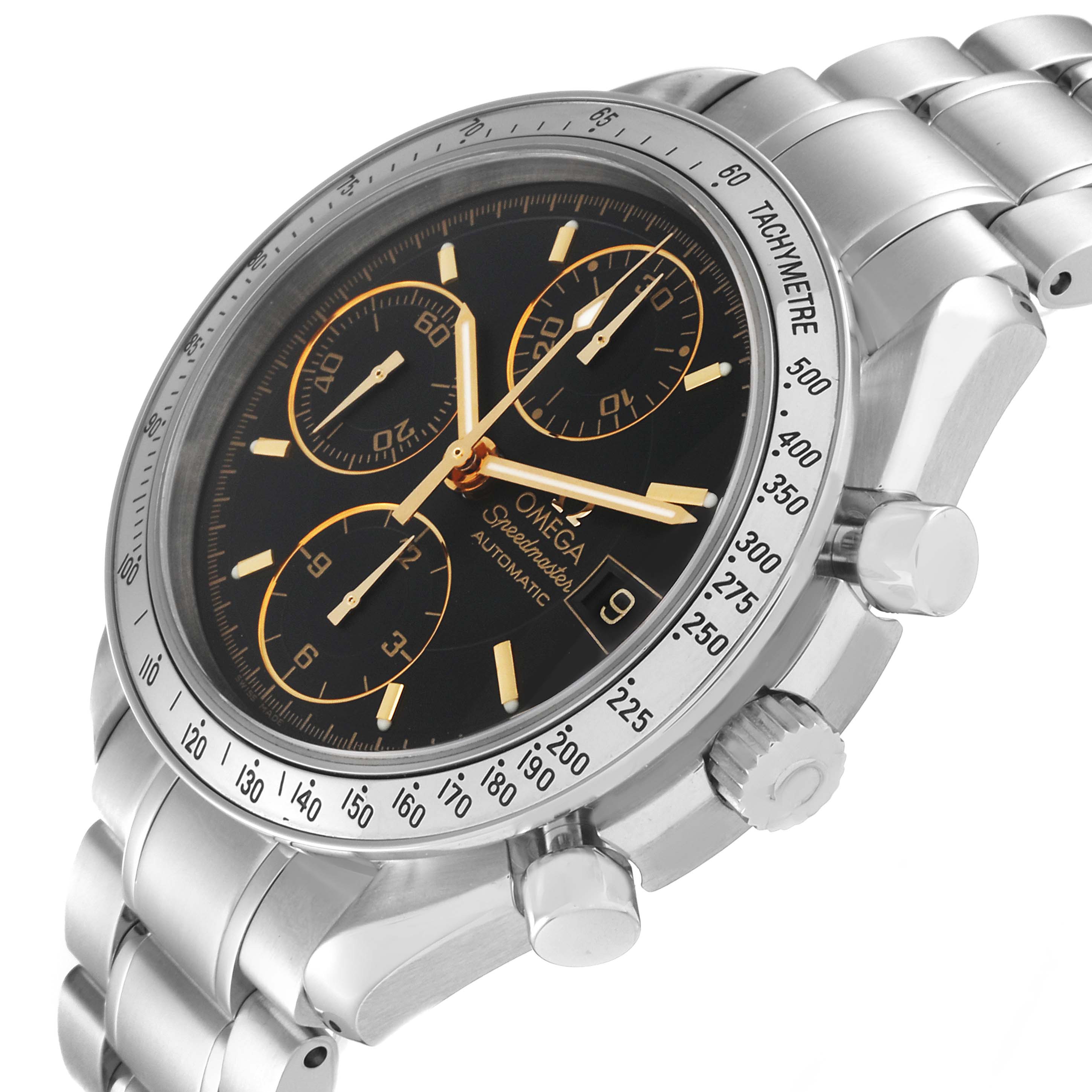 The image shows an Omega Speedmaster 3513.54.00 Men
s Stainless Steel Black Dial 3513.54.00 Men
s Stainless Steel Black Dial watch from a slight angle, highlighting the chronograph dials and tachymeter bezel.
