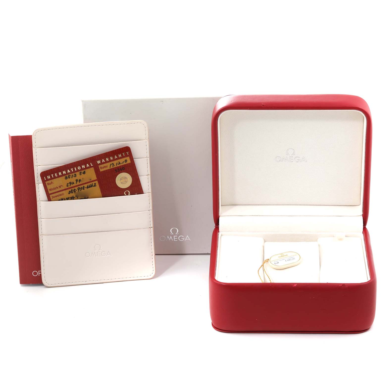 The image displays the packaging and warranty card of an Omega Speedmaster 3513.54.00 Men
s Stainless Steel Black Dial 3513.54.00 Men
s Stainless Steel Black Dial, including a red box, warranty cards, and a presentation box.