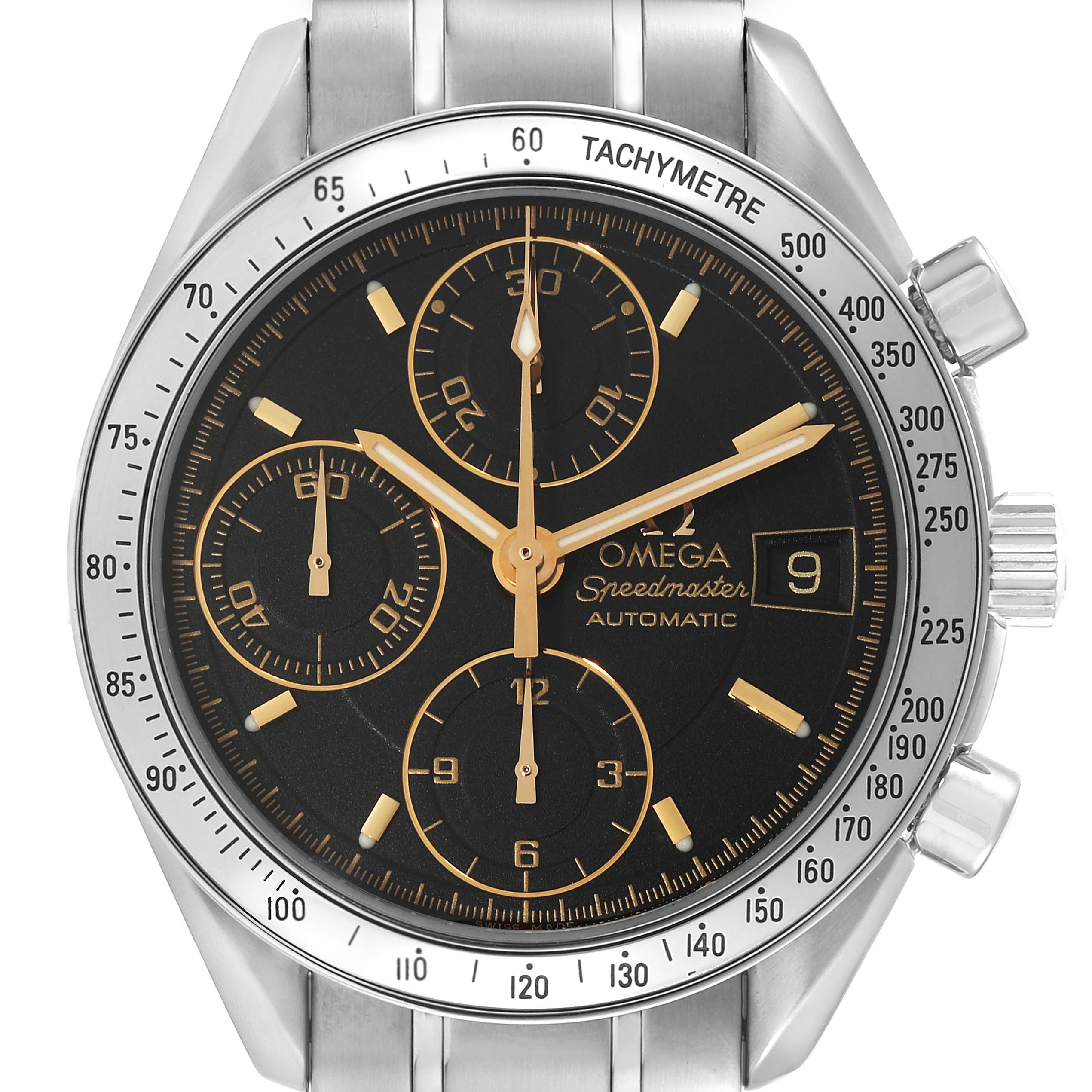 The image shows a frontal view of the Omega Speedmaster 3513.54.00 Men
s Stainless Steel Black Dial 3513.54.00 Men
s Stainless Steel Black Dial watch, highlighting its black dial, three subdials, date window, and tachymeter.