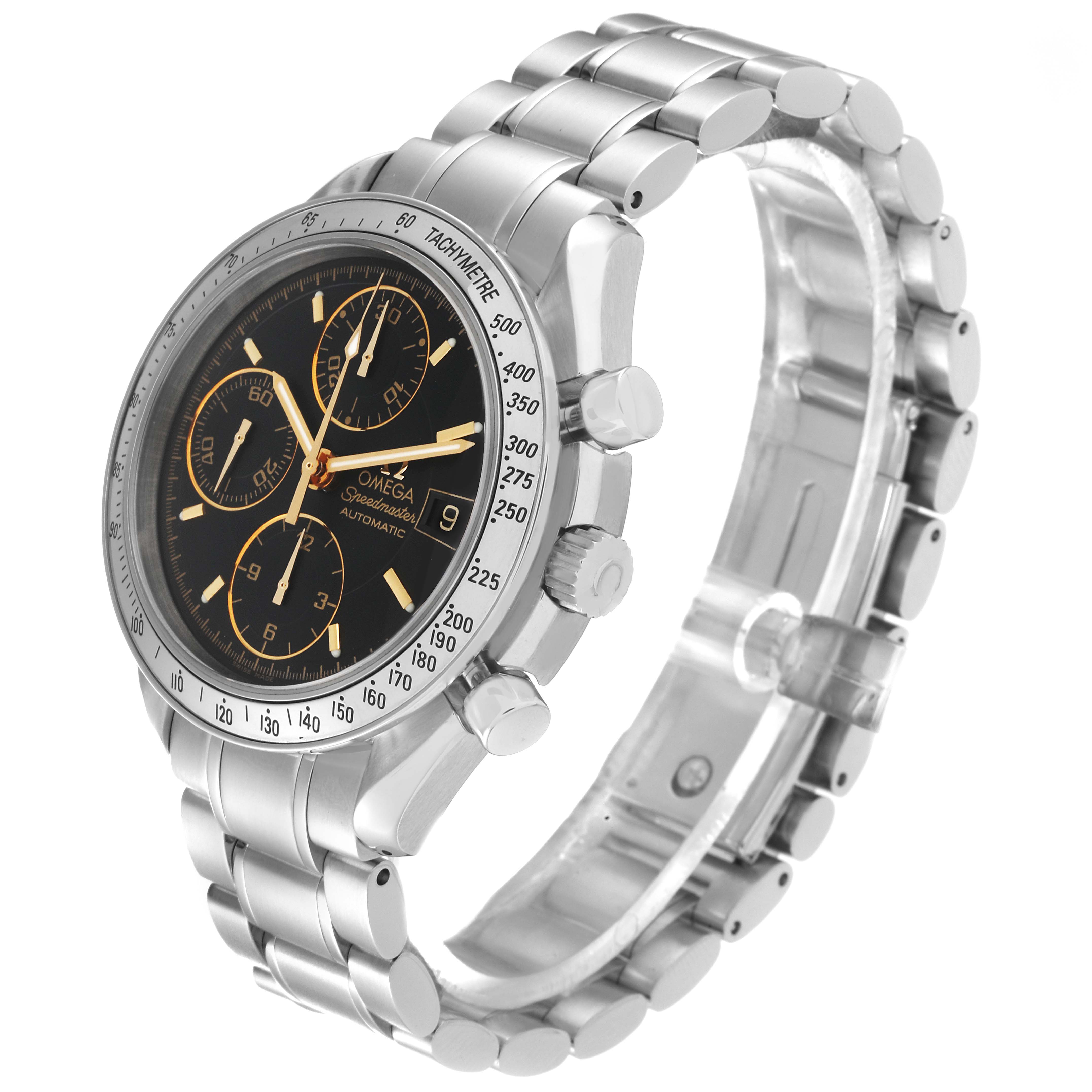 This Omega Speedmaster 3513.54.00 Men
s Stainless Steel Black Dial 3513.54.00 Men
s Stainless Steel Black Dial watch is shown at a three-quarter angle, displaying the face, crown, and stainless steel bracelet.