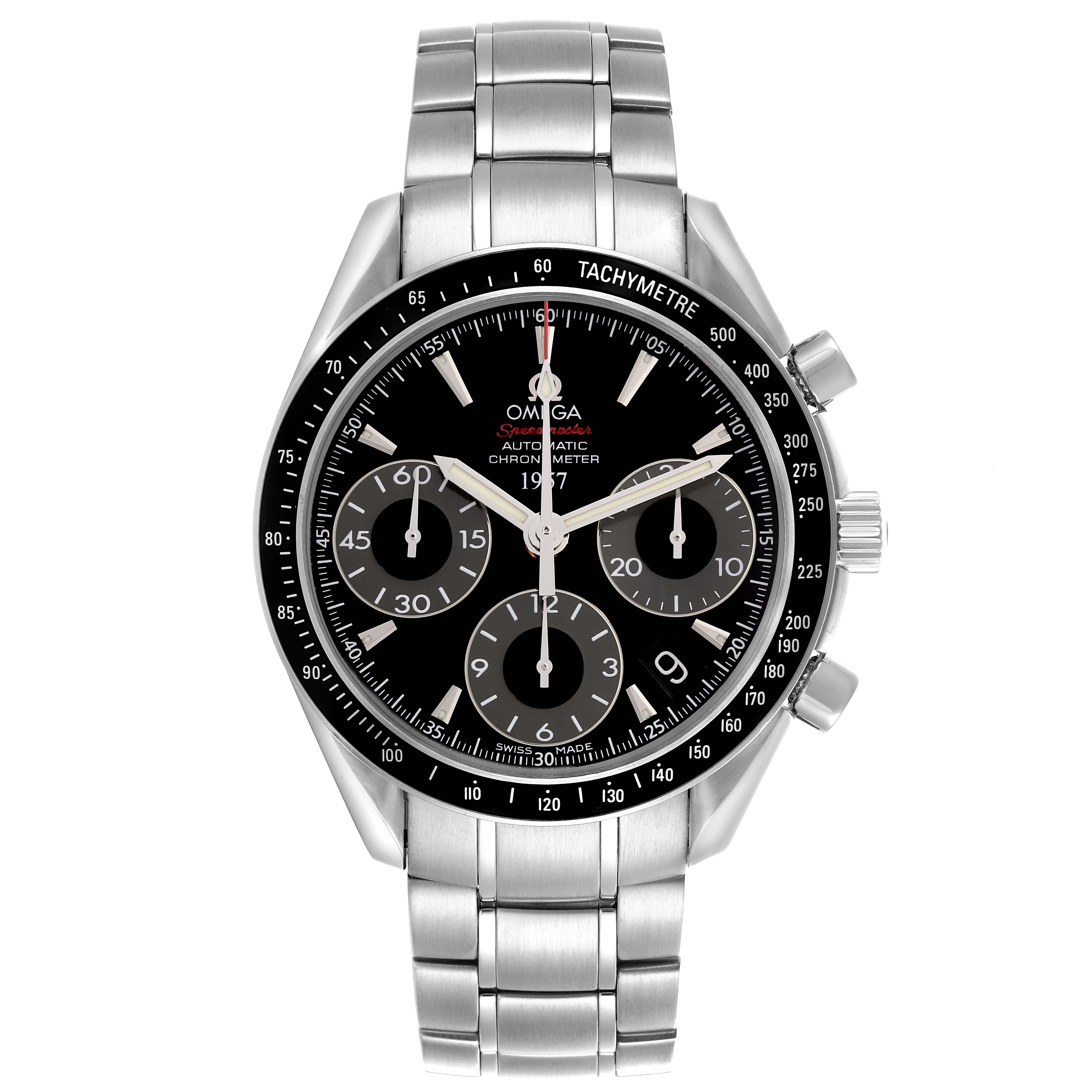 The Omega Speedmaster 323.30.40.40.01.001 Men's Stainless Steel Black Dial 323.30.40.40.01.001 Men's Stainless Steel Black Dial watch is shown from a front angle, displaying the dial, bezel, bracelet, and chronograph pushers.