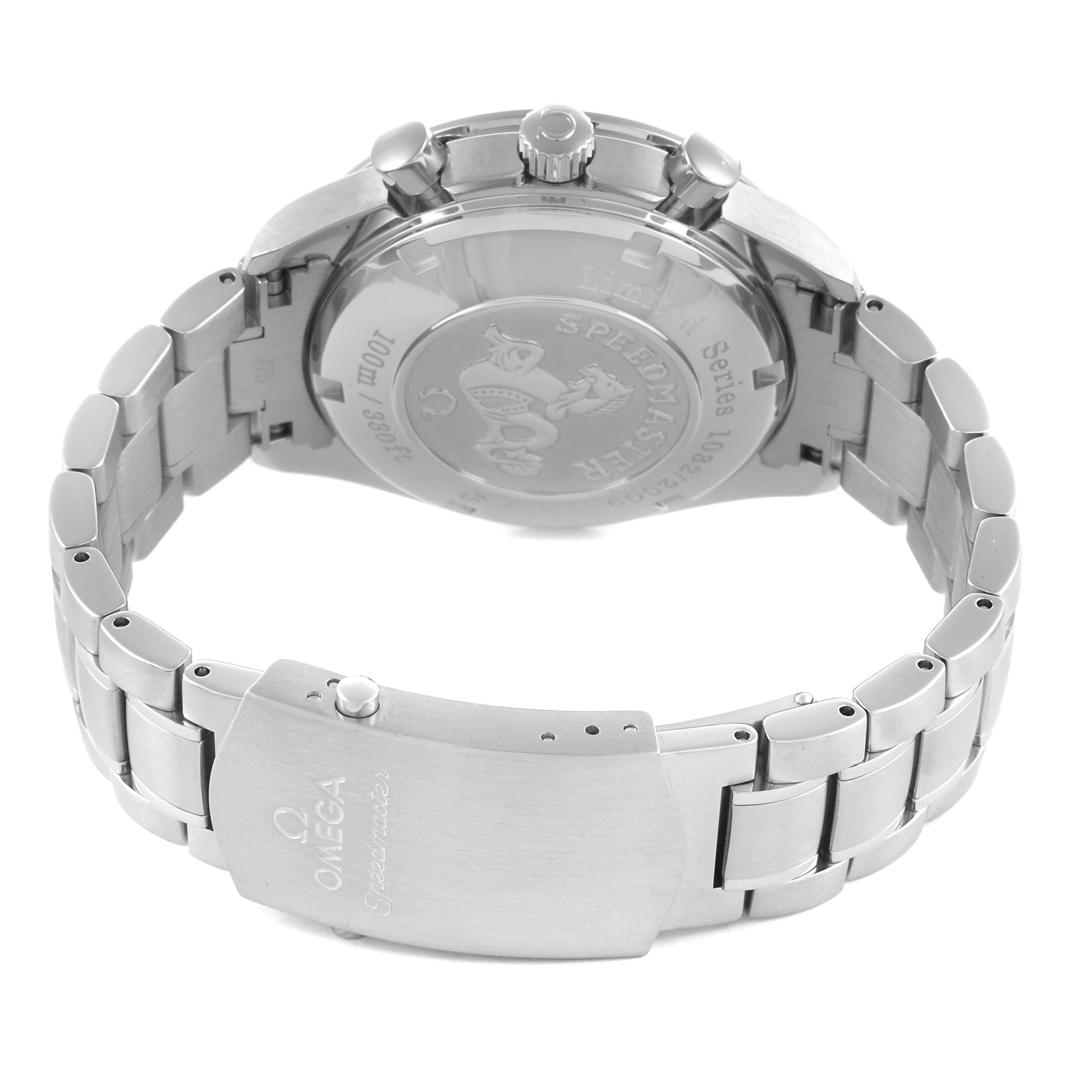 The image shows the back case and bracelet clasp of the Omega Speedmaster 323.30.40.40.01.001 Men's Stainless Steel Black Dial 323.30.40.40.01.001 Men's Stainless Steel Black Dial watch.