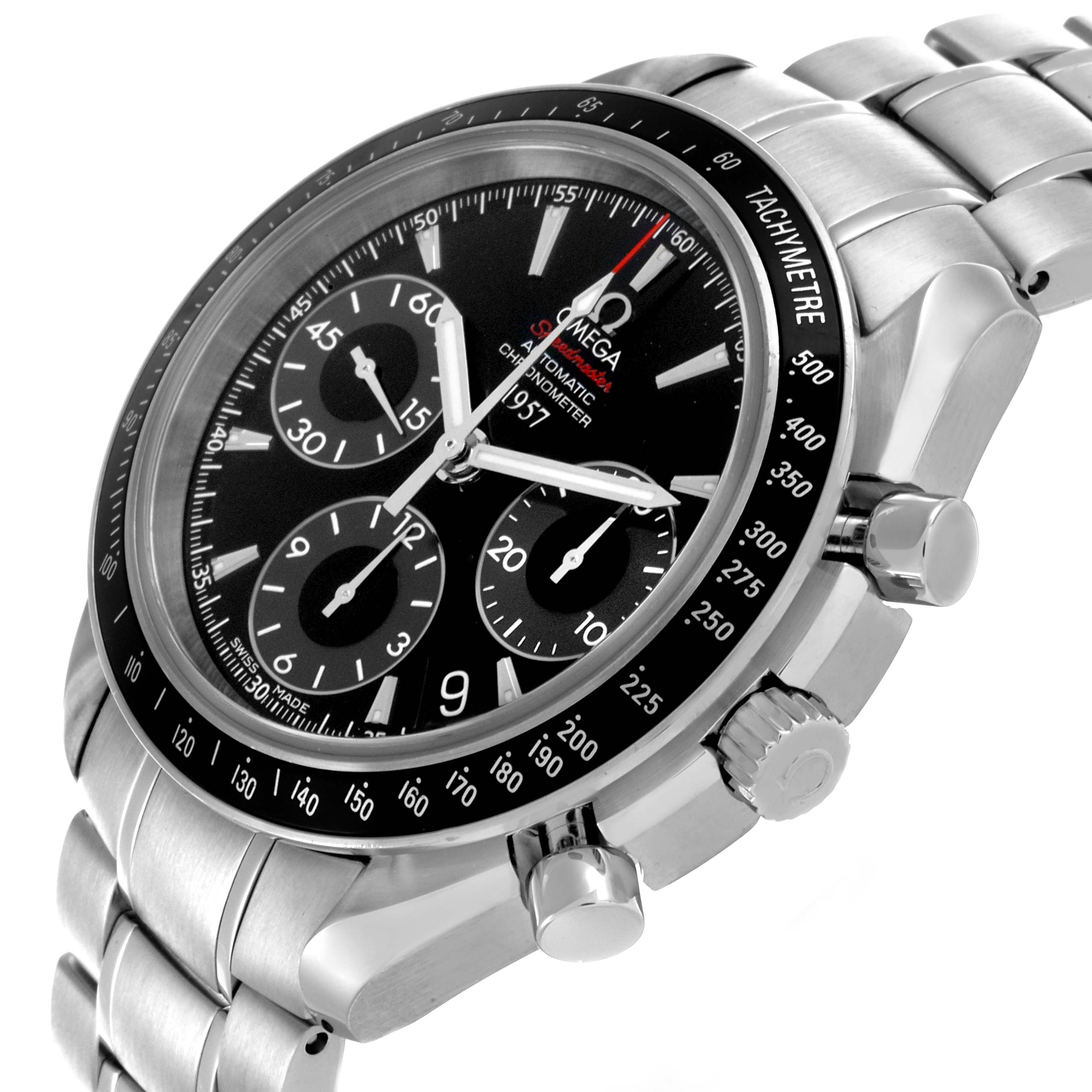 The Omega Speedmaster 323.30.40.40.01.001 Men's Stainless Steel Black Dial 323.30.40.40.01.001 Men's Stainless Steel Black Dial is shown at an angle highlighting the face, bezel, chronograph dials, and bracelet.