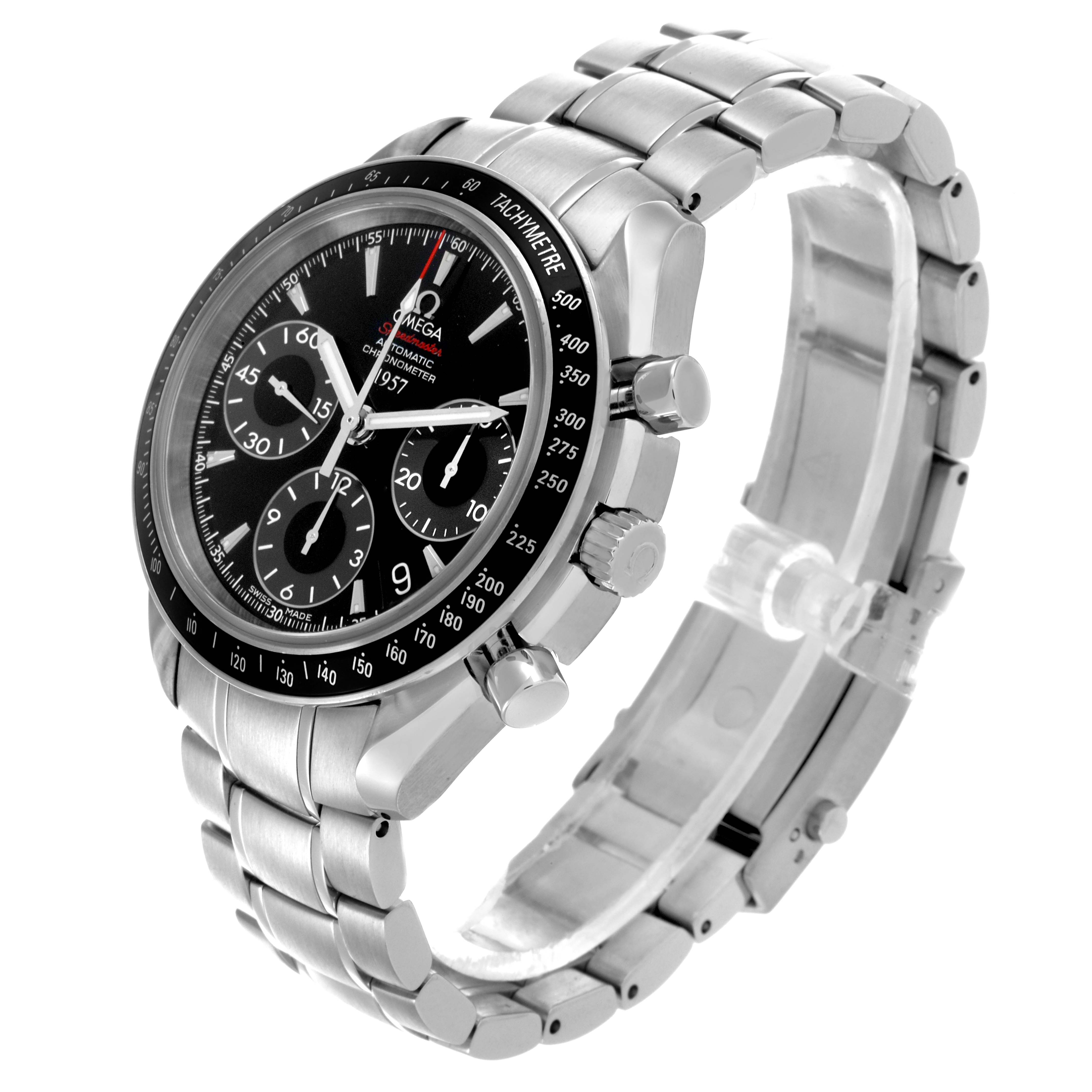 The Omega Speedmaster 323.30.40.40.01.001 Men's Stainless Steel Black Dial 323.30.40.40.01.001 Men's Stainless Steel Black Dial is shown at a three-quarter angle, highlighting the dial, bezel, crown, and bracelet.