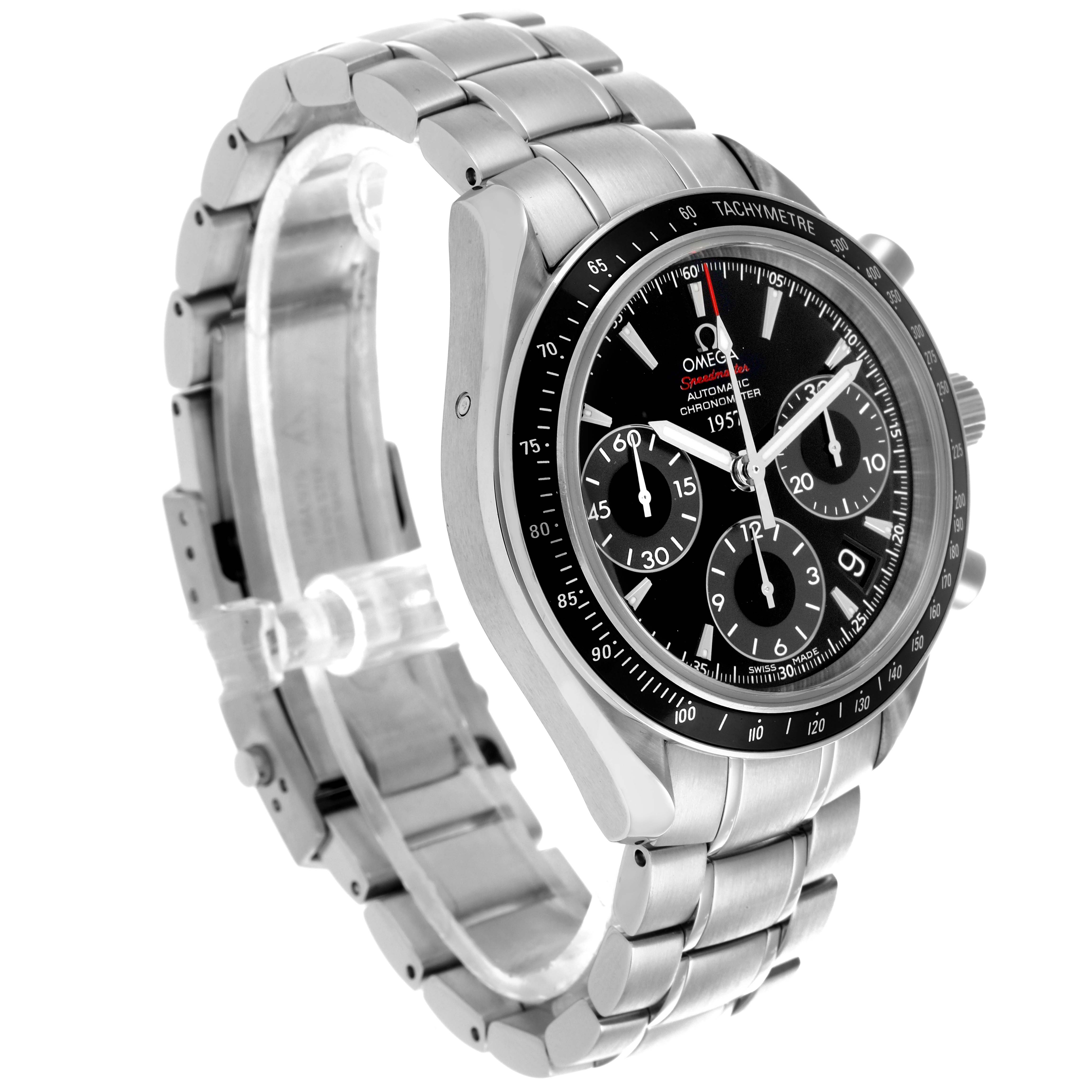 The Omega Speedmaster 323.30.40.40.01.001 Men's Stainless Steel Black Dial 323.30.40.40.01.001 Men's Stainless Steel Black Dial is shown at a side angle, displaying its bracelet, bezel, and chronograph dials.