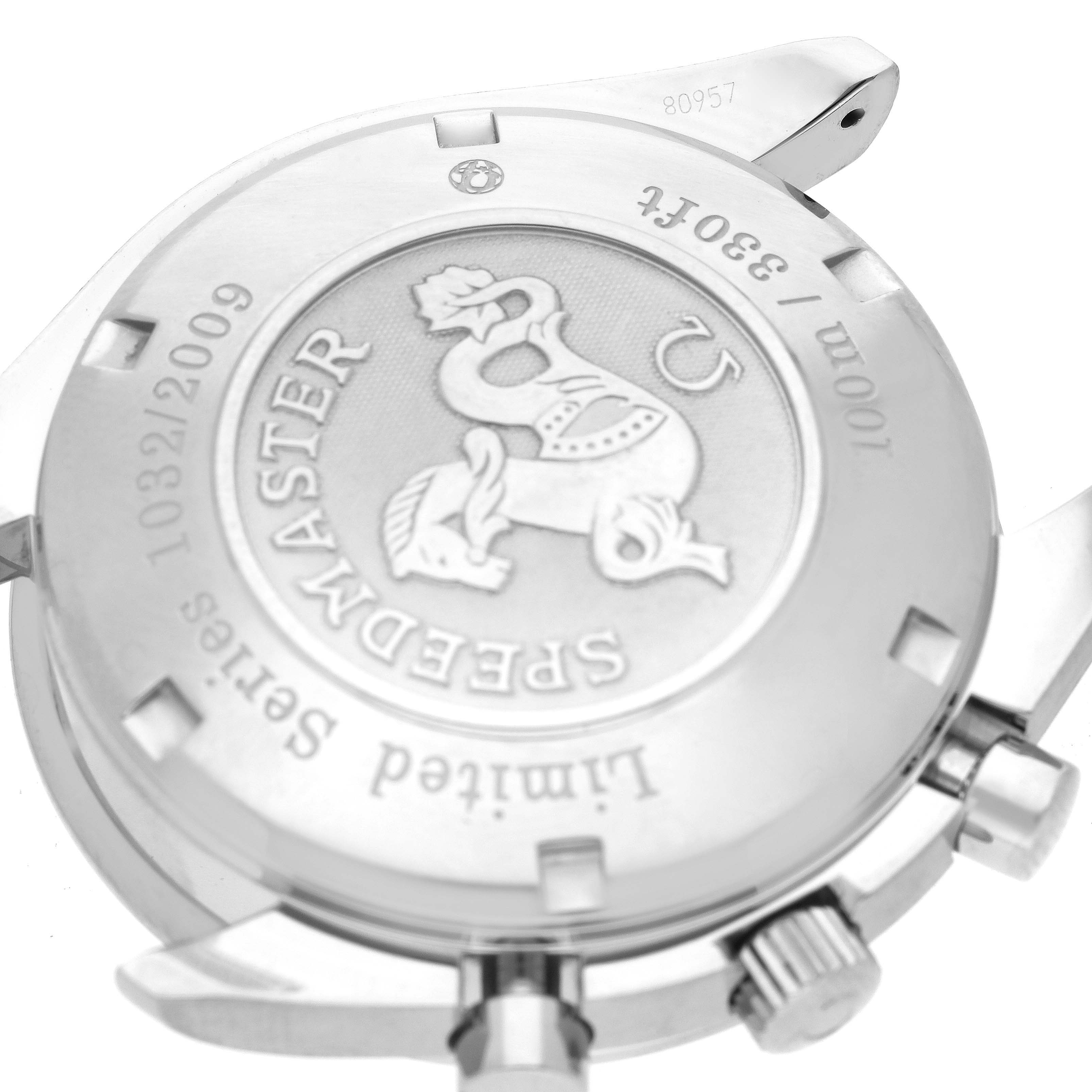 The image shows the back case of the Omega Speedmaster 323.30.40.40.01.001 Men's Stainless Steel Black Dial 323.30.40.40.01.001 Men's Stainless Steel Black Dial watch, highlighting its limited series engraving and logo.