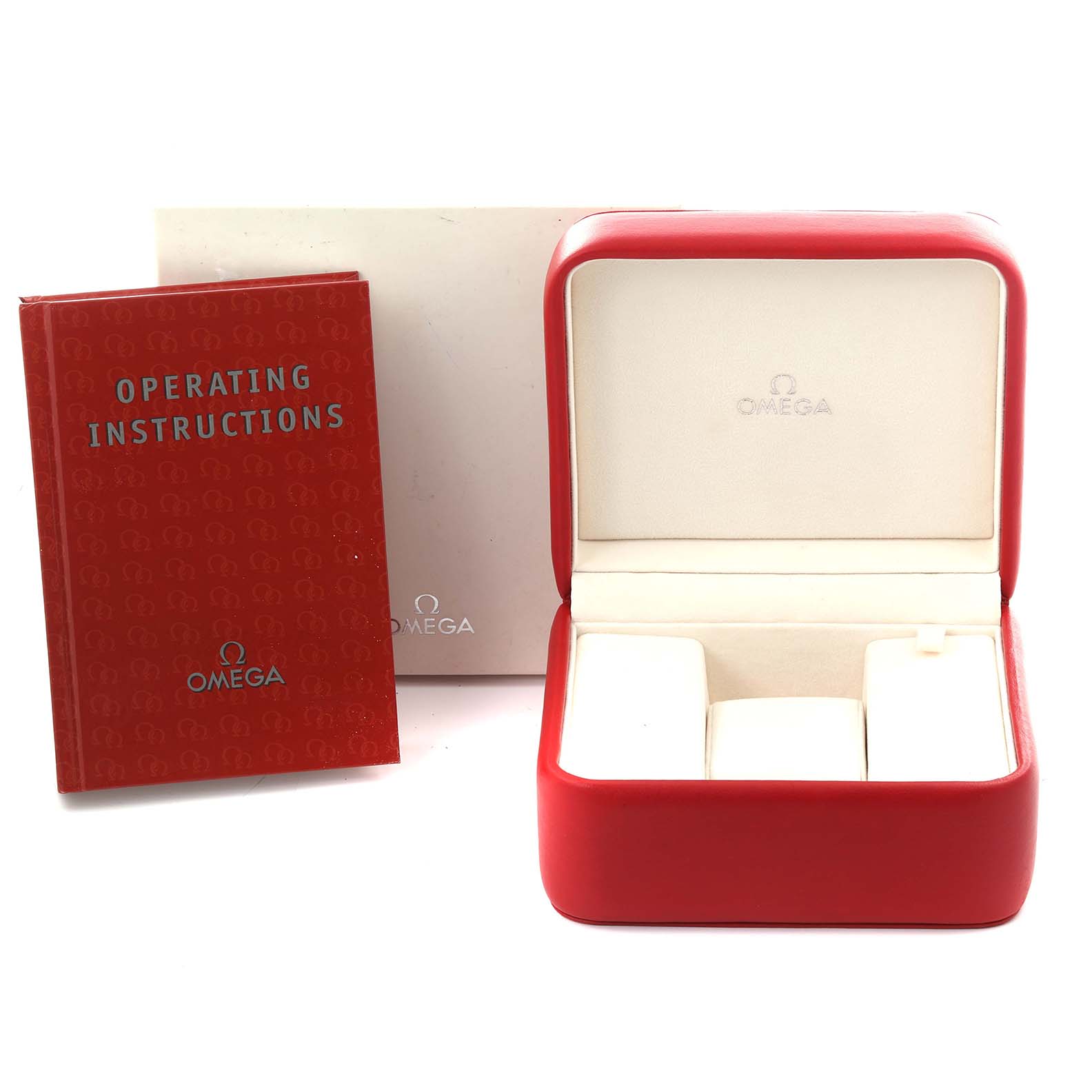 The image shows an Omega Speedmaster 323.30.40.40.01.001 Men's Stainless Steel Black Dial 323.30.40.40.01.001 Men's Stainless Steel Black Dial watch box, operating instructions, and branded case at a slight angled view.