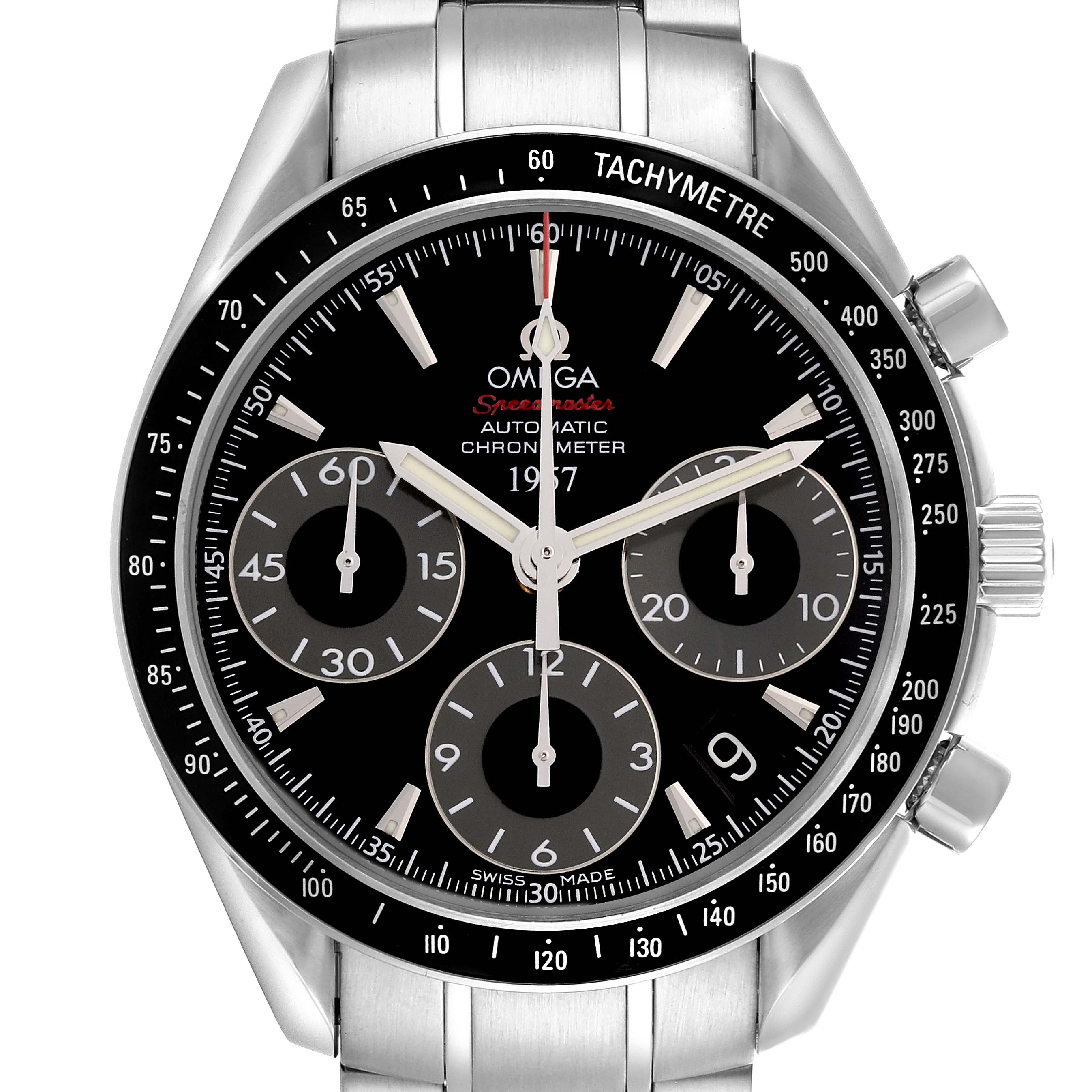 The Omega Speedmaster 323.30.40.40.01.001 Men's Stainless Steel Black Dial 323.30.40.40.01.001 Men's Stainless Steel Black Dial is shown from a frontal angle, highlighting its dial, tachymeter bezel, and pushers.