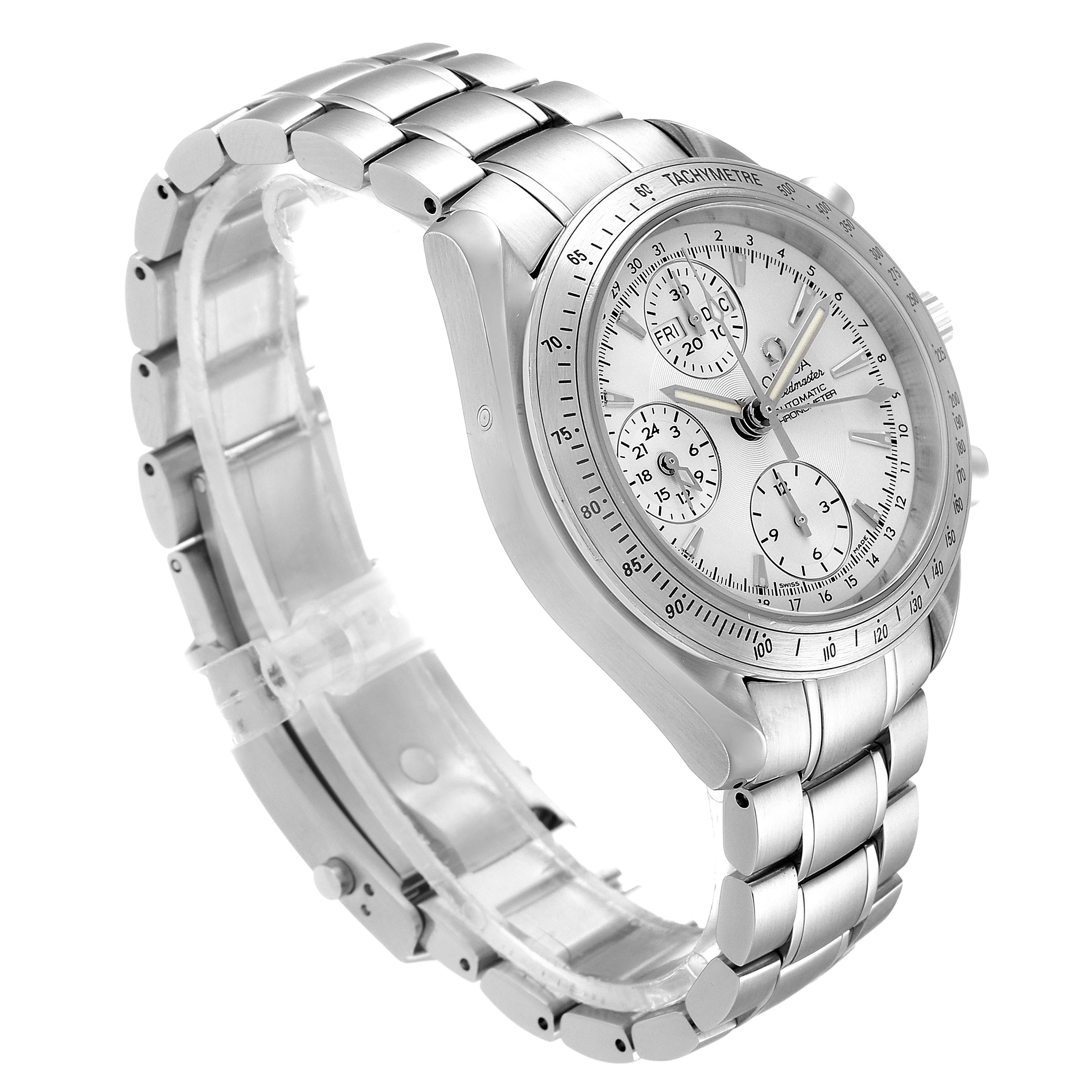 The image shows an angled view of the Omega Speedmaster 3221.30.00 Men's Stainless Steel Silver Dial 3221.30.00 Men's Stainless Steel Silver Dial watch, highlighting its face, tachymeter bezel, and metal bracelet.