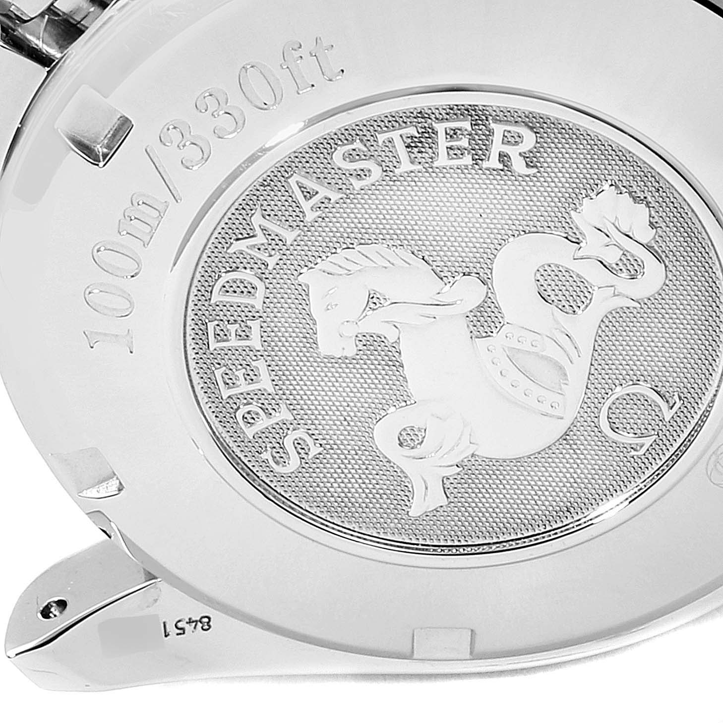 This is an image of the case back of an Omega Speedmaster 3221.30.00 Men's Stainless Steel Silver Dial 3221.30.00 Men's Stainless Steel Silver Dial watch, showing the "Speedmaster" engraving and water resistance of 100m/330ft.