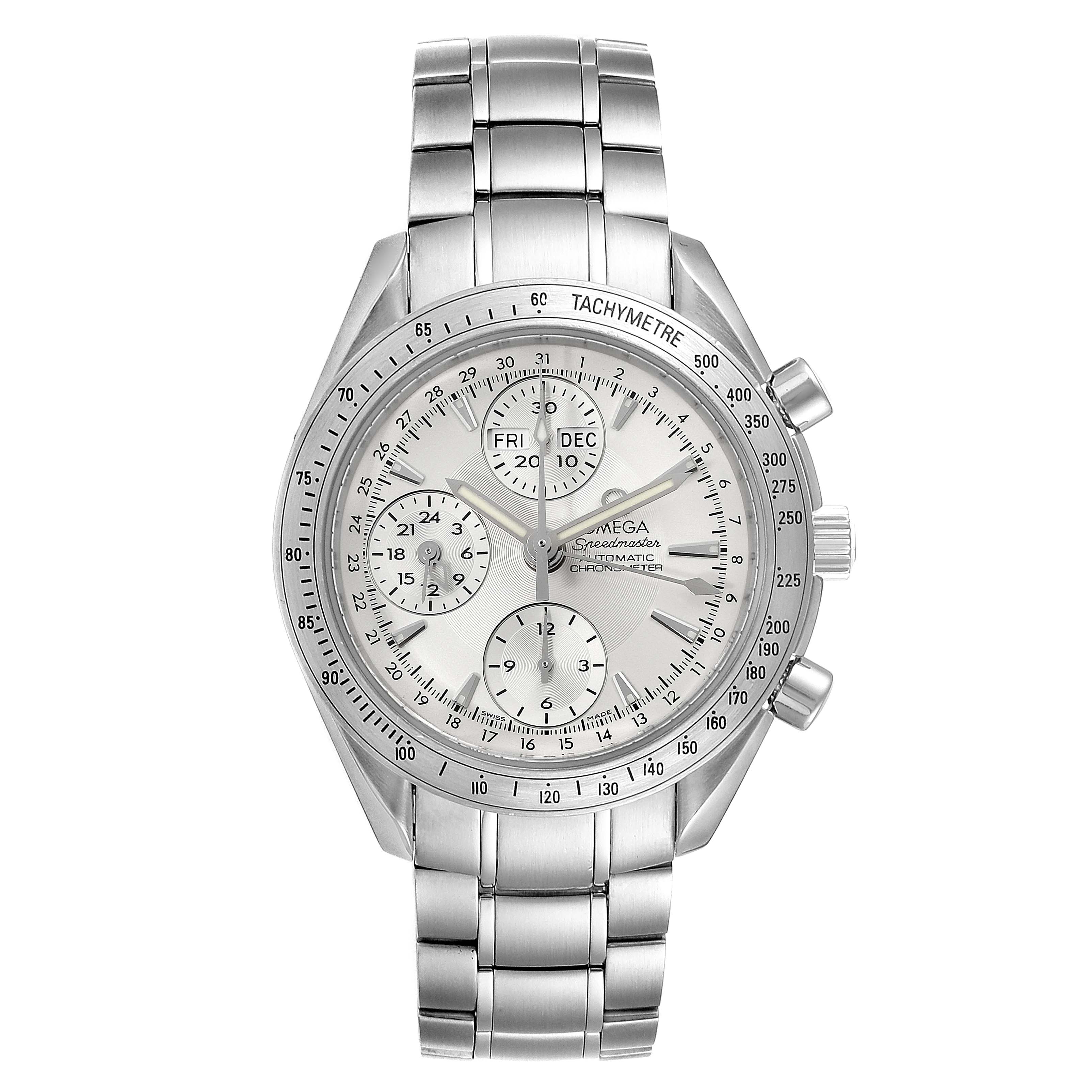 This image shows a frontal view of the Omega Speedmaster 3221.30.00 Men's Stainless Steel Silver Dial 3221.30.00 Men's Stainless Steel Silver Dial watch, displaying its face, bezel, chronograph dials, and metal bracelet.