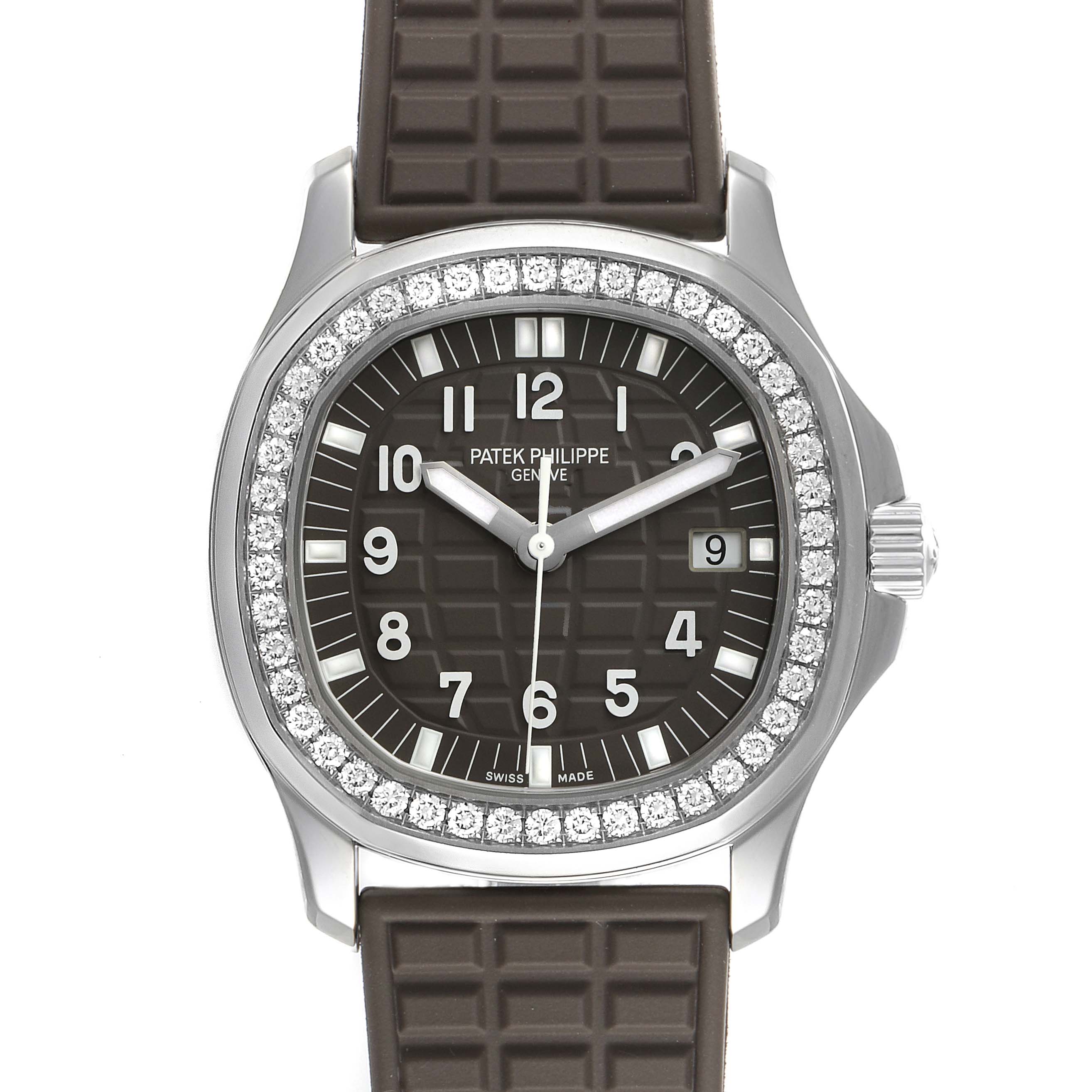The image shows a front view of the Patek Philippe Aquanaut 5067A-023 Women's Stainless Steel Brown Dial 5067A-023 Women's Stainless Steel Brown Dial watch, highlighting its brown strap, diamond-set bezel, and dial details.
