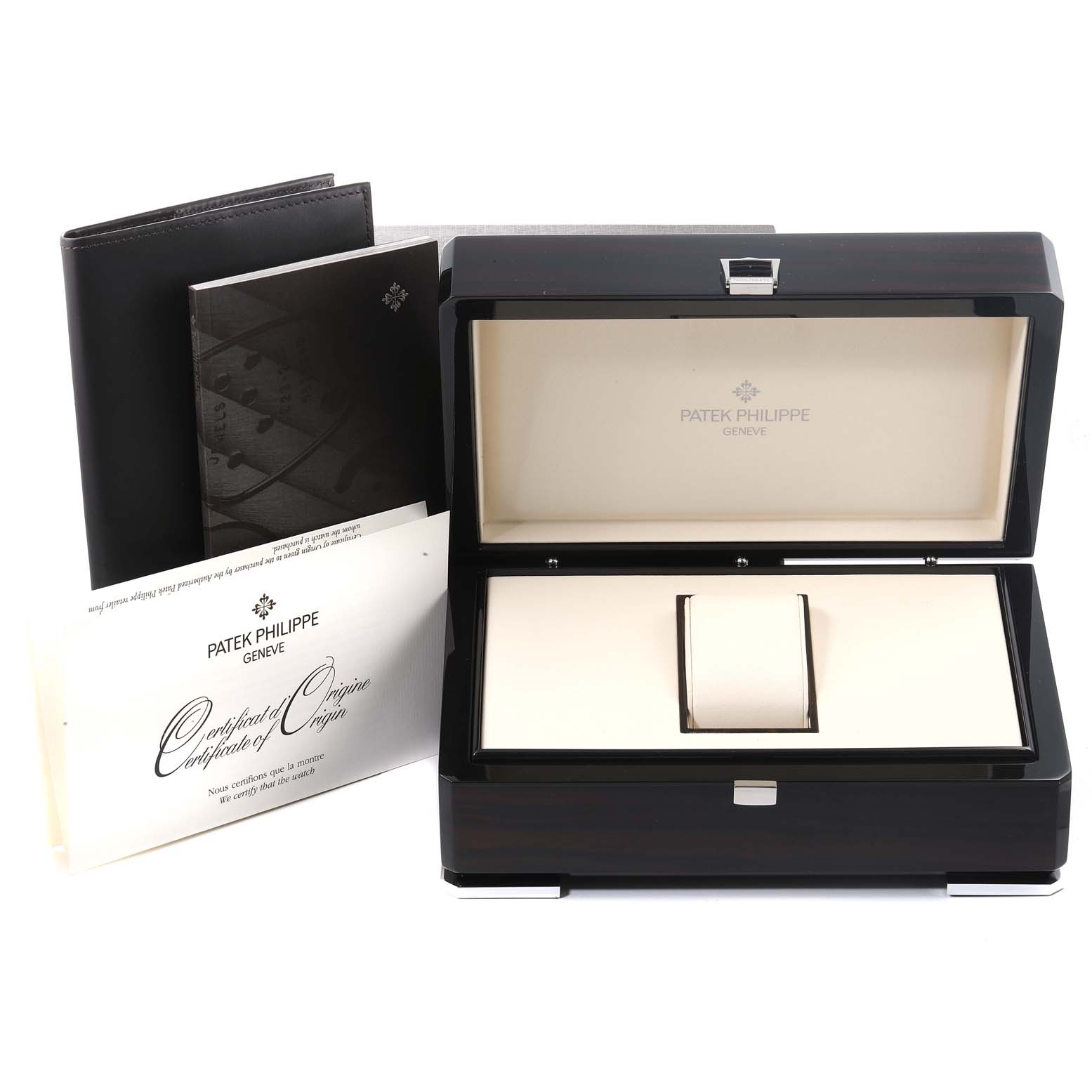The image shows the presentation box, certificate of origin, and documents for the Patek Philippe Aquanaut 5067A-023 Women's Stainless Steel Brown Dial 5067A-023 Women's Stainless Steel Brown Dial watch.
