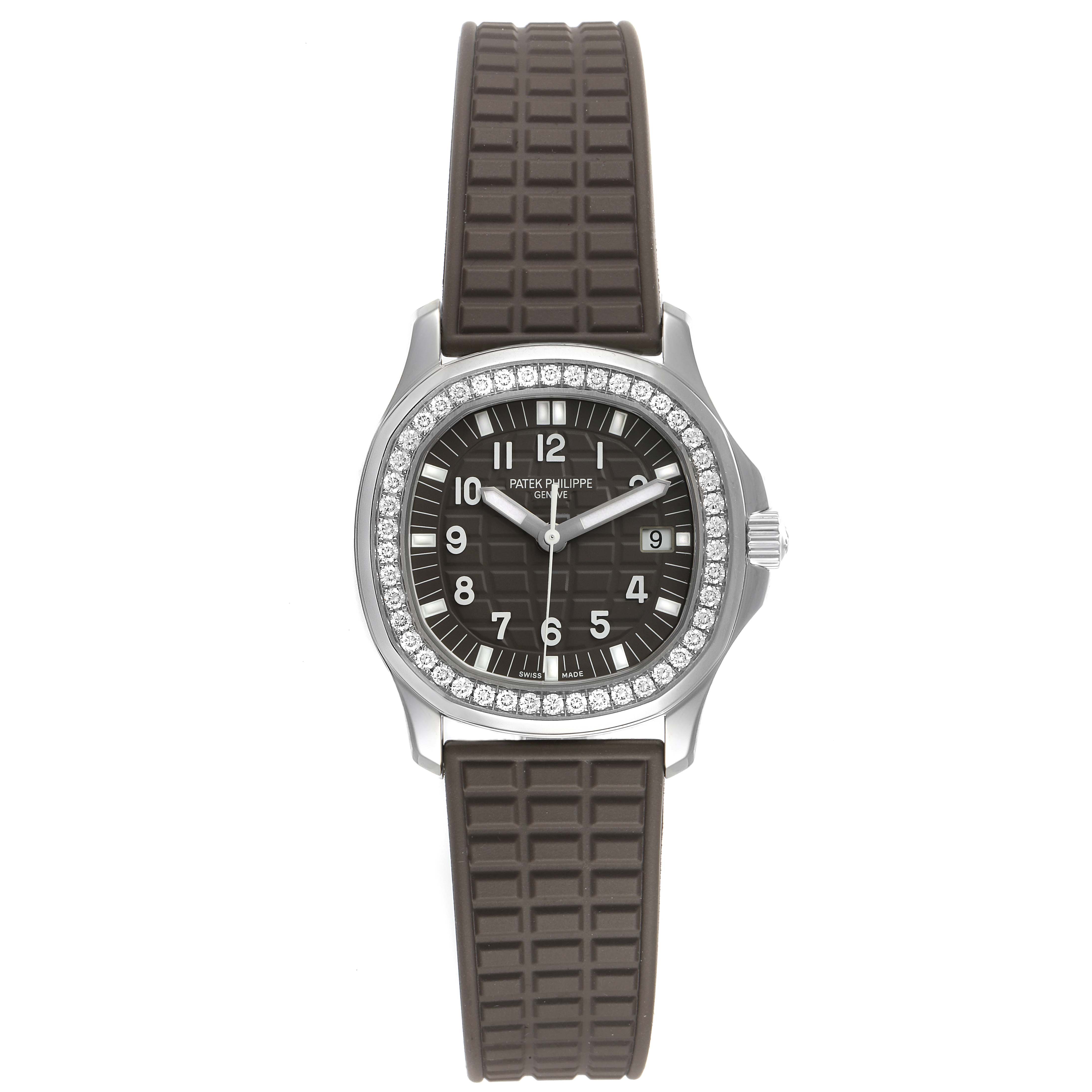 This image shows a front view of the Patek Philippe Aquanaut 5067A-023 Women's Stainless Steel Brown Dial 5067A-023 Women's Stainless Steel Brown Dial watch, highlighting its dial, bezel, and strap.