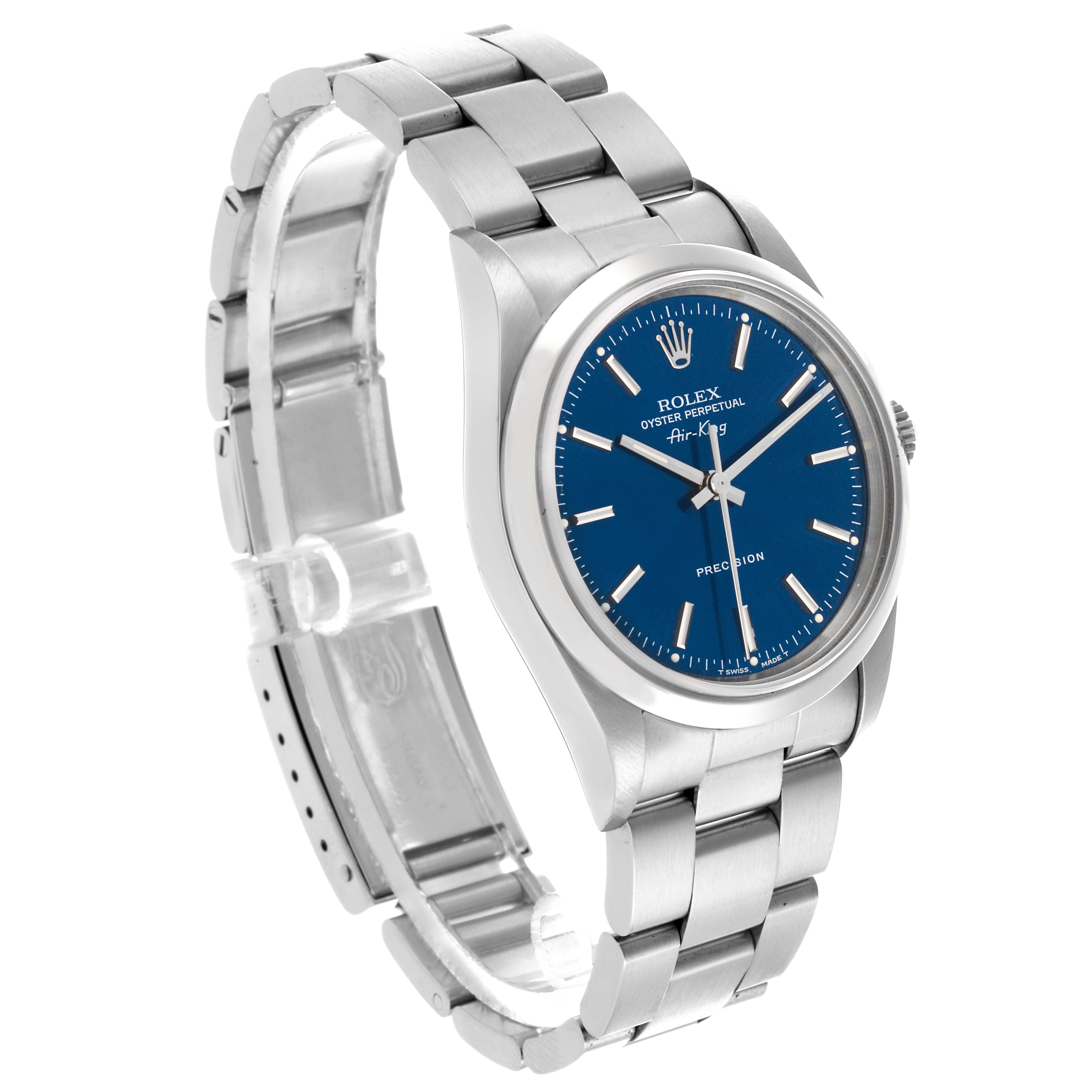 The Rolex Air-King 14000 Men's Stainless Steel Blue Dial 14000 Men's Stainless Steel Blue Dial watch is shown at a three-quarter angle, displaying the face, case, and bracelet details.