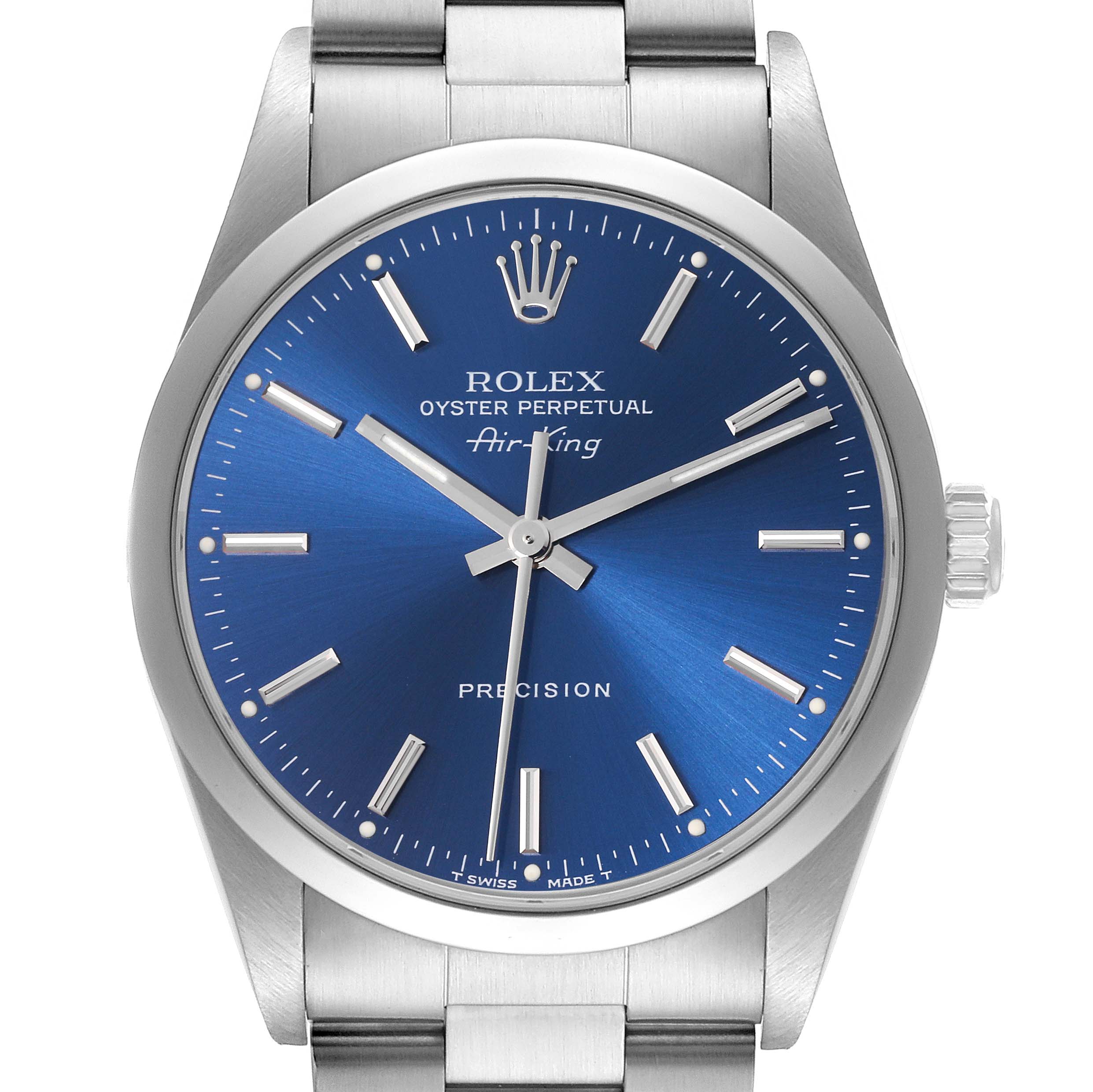 The Rolex Air-King 14000 Men's Stainless Steel Blue Dial 14000 Men's Stainless Steel Blue Dial is shown from the front, highlighting the blue dial, silver markers, and stainless steel bracelet.