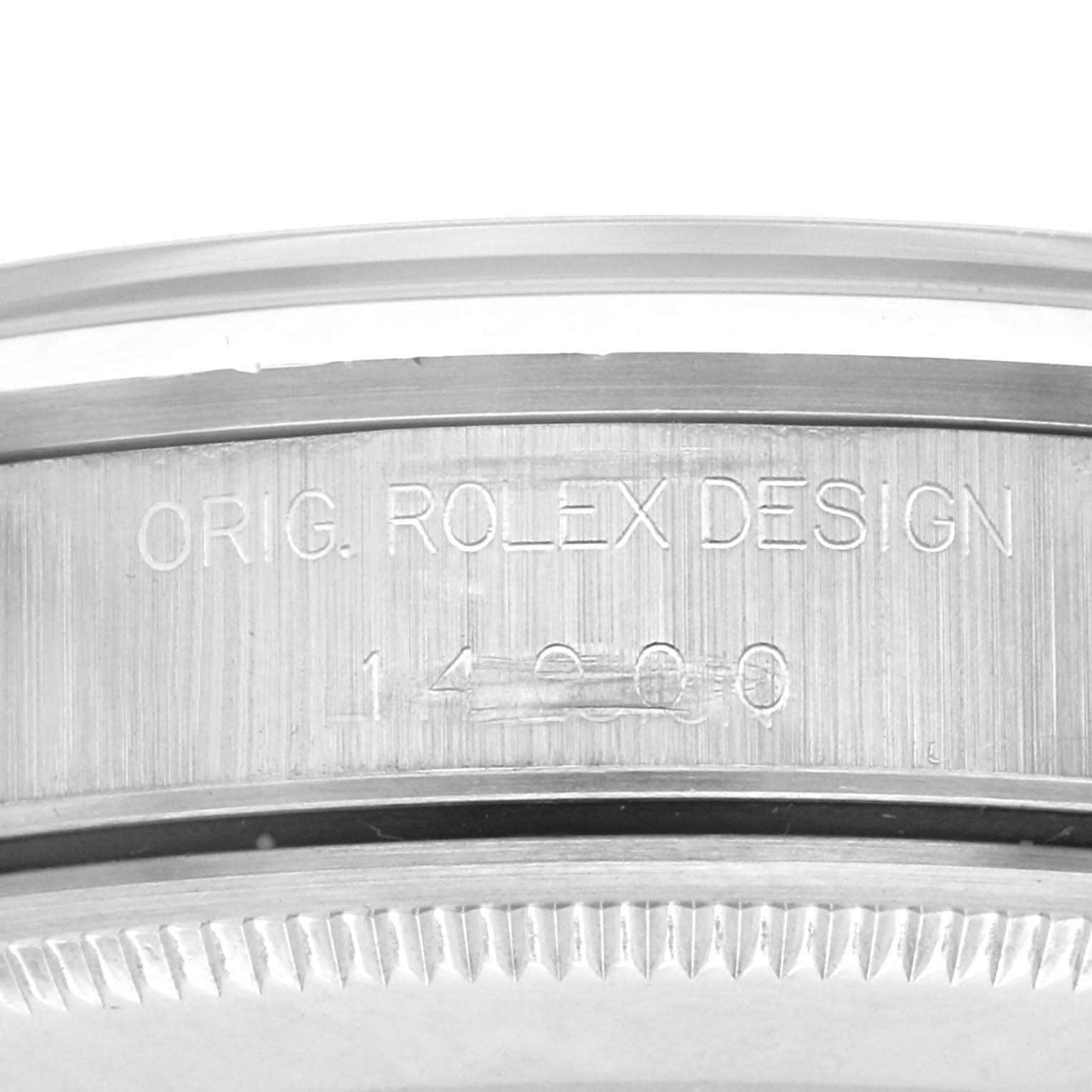 The image shows the side of a Rolex Air-King 14000 Men's Stainless Steel Blue Dial 14000 Men's Stainless Steel Blue Dial watch, focusing on the engraved model number and "Orig. Rolex Design."