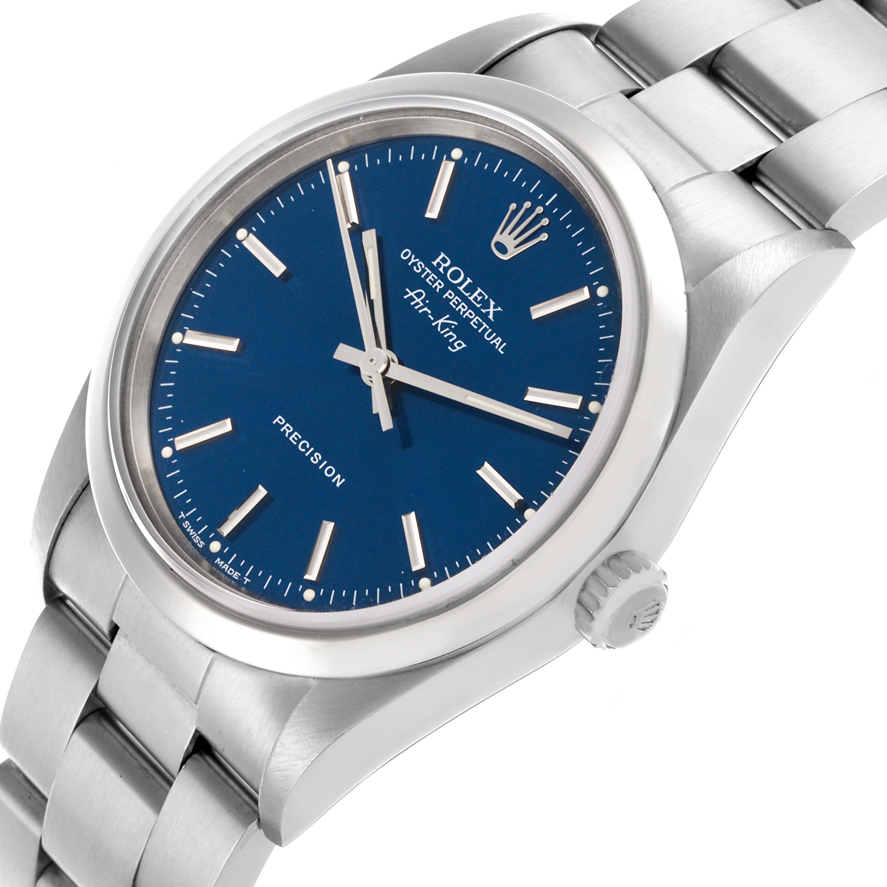 The Rolex Air-King 14000 Men's Stainless Steel Blue Dial 14000 Men's Stainless Steel Blue Dial watch is shown at an angled side view, displaying the dial, crown, and part of the bracelet.