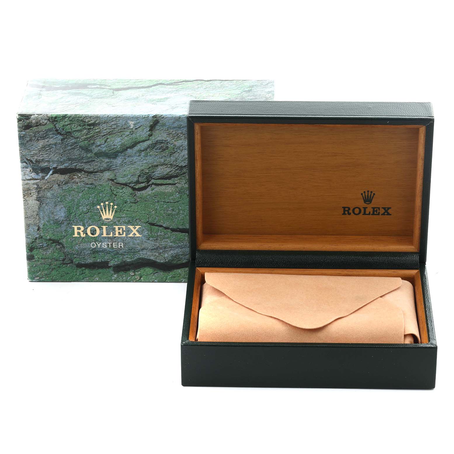 The image shows the Rolex Air-King 14000 Men's Stainless Steel Blue Dial 14000 Men's Stainless Steel Blue Dial's packaging, including an open wooden box and an outer branded box.
