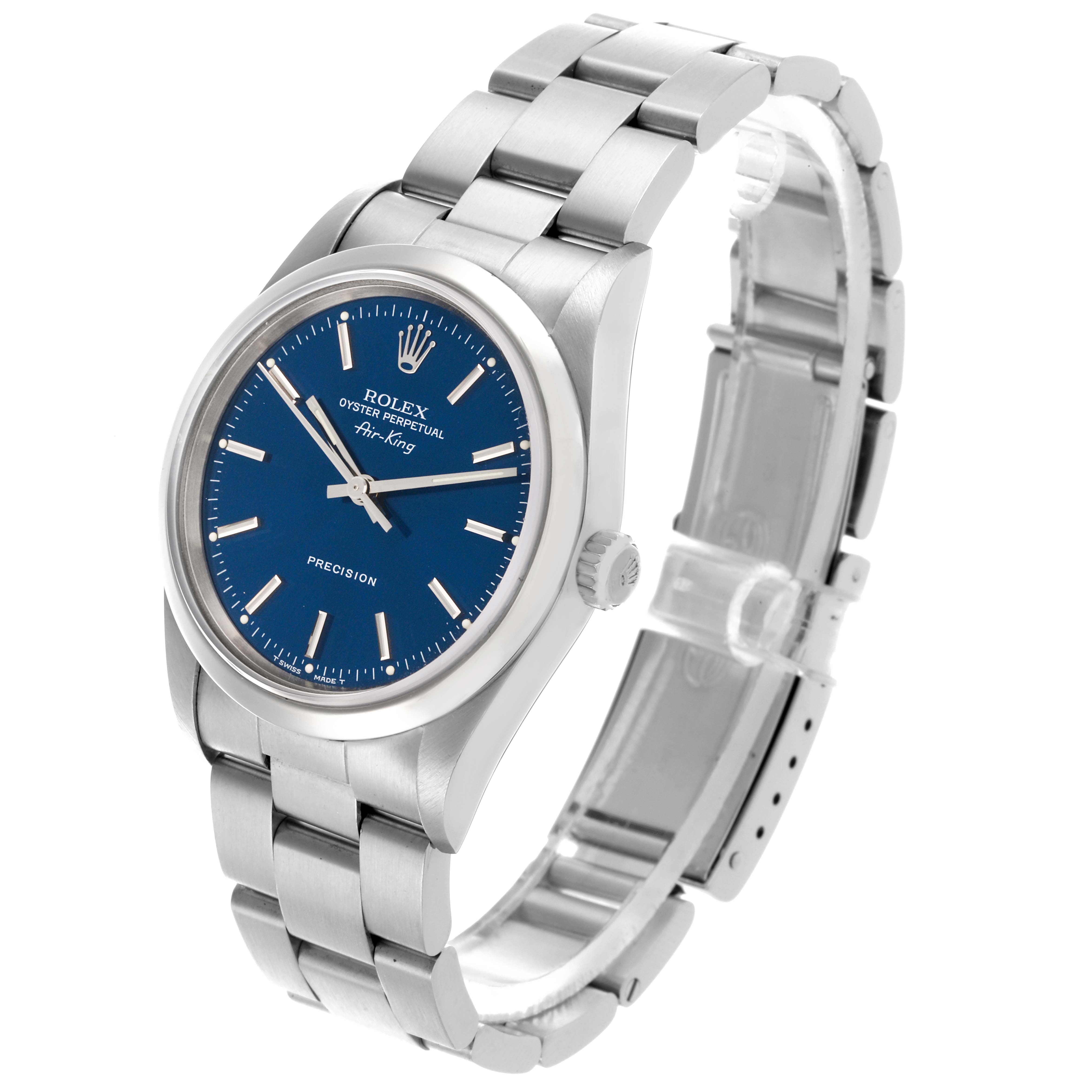 The Rolex Air-King 14000 Men's Stainless Steel Blue Dial 14000 Men's Stainless Steel Blue Dial watch is shown at an angled view, displaying the dial, case, and bracelet.