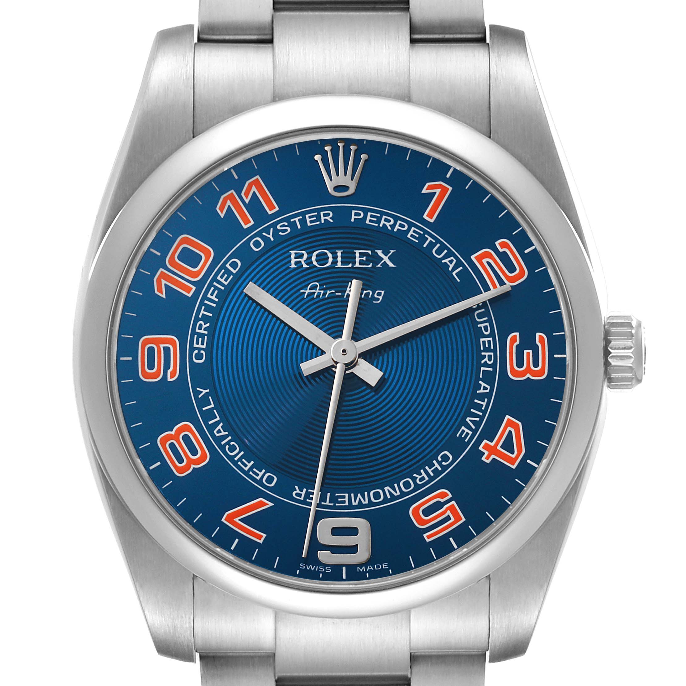 The image shows the front view of a Rolex Air-King 114200 Men's Stainless Steel Blue Dial 114200 Men's Stainless Steel Blue Dial watch, displaying its blue dial, orange Arabic numerals, and stainless steel bracelet.