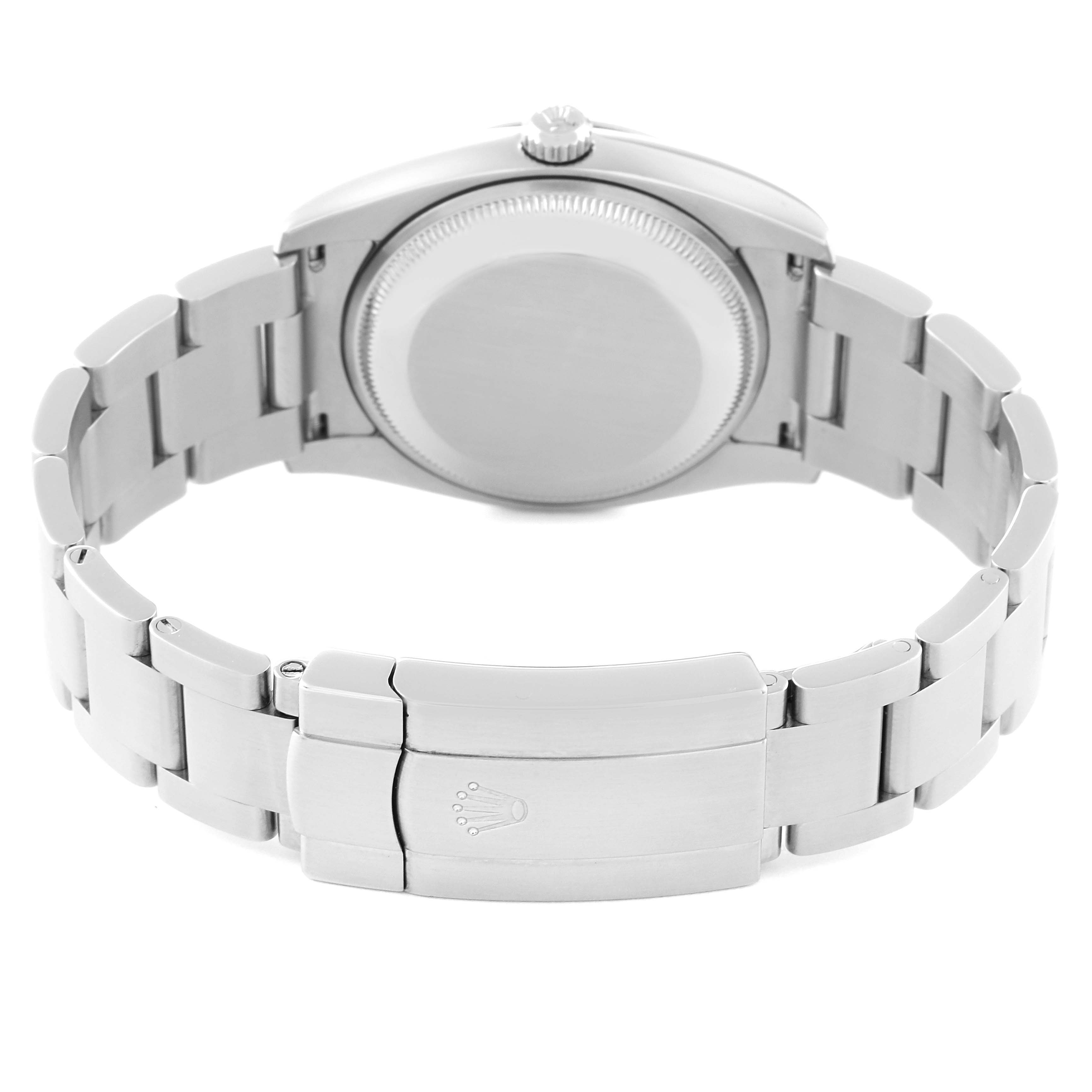 The image shows the back view of a Rolex Air-King 114200 Men's Stainless Steel Blue Dial 114200 Men's Stainless Steel Blue Dial watch, highlighting the bracelet and clasp.