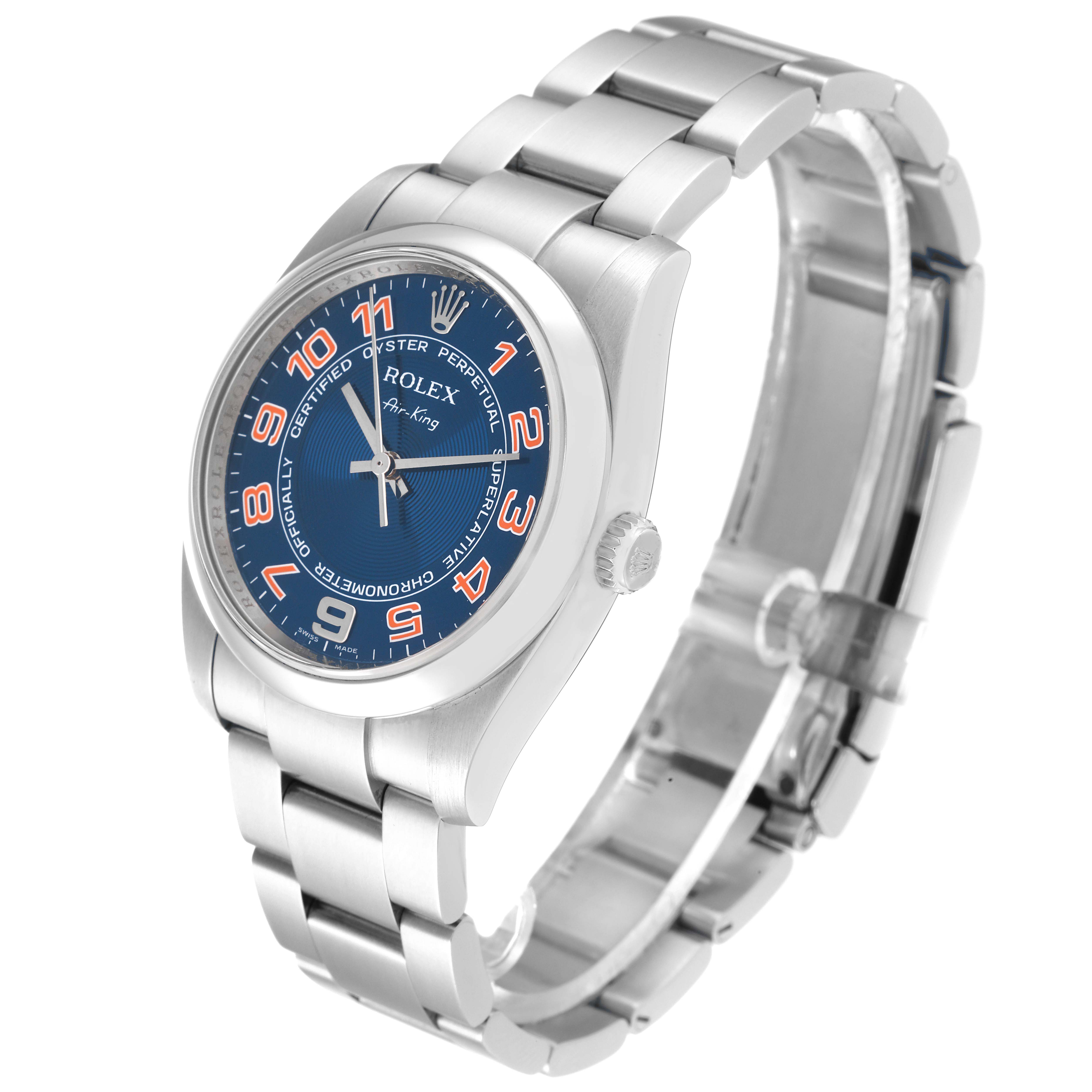 The Rolex Air-King 114200 Men's Stainless Steel Blue Dial 114200 Men's Stainless Steel Blue Dial watch is shown at a slight angle, displaying its blue dial, stainless steel case, and bracelet.