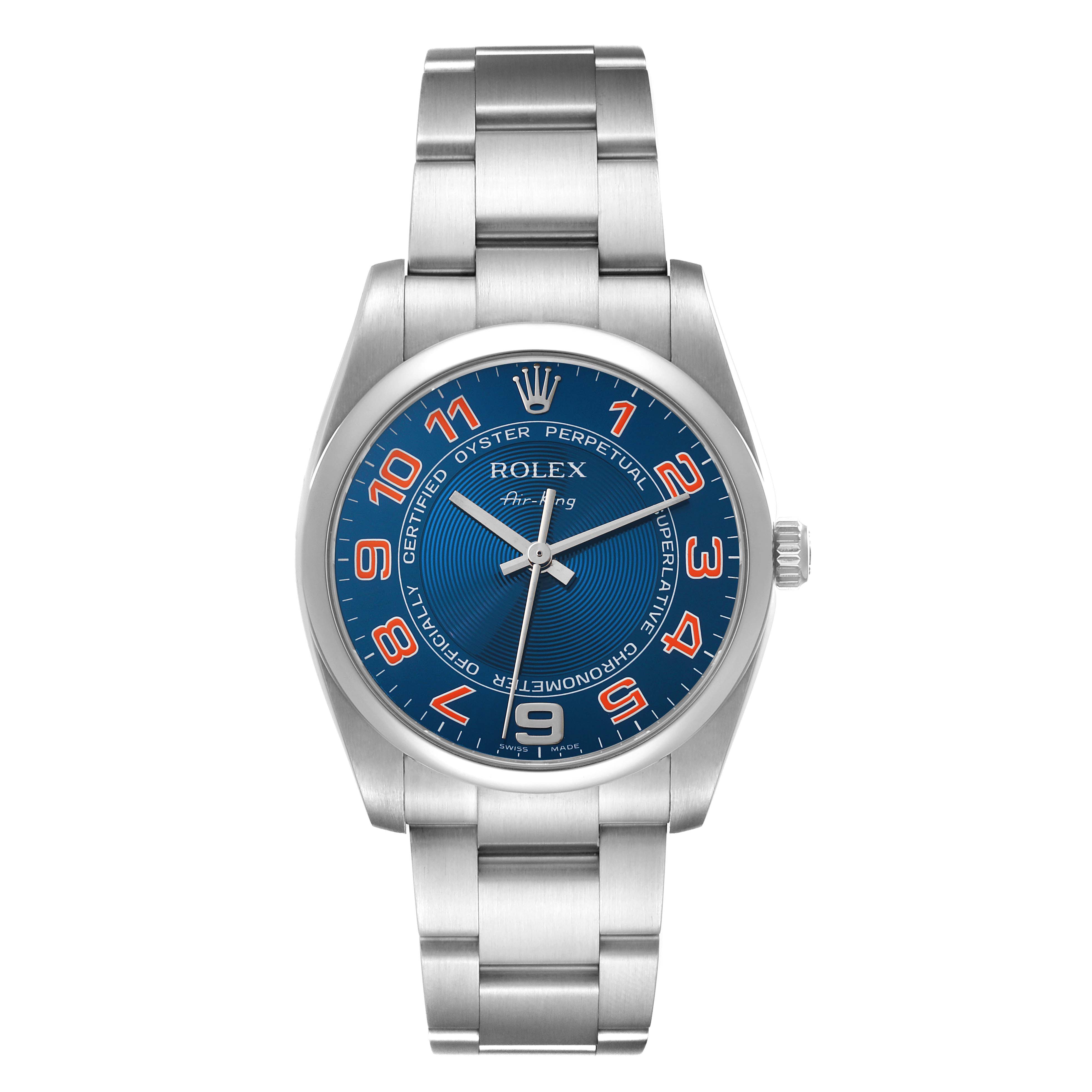 This image shows a front view of a Rolex Air-King 114200 Men's Stainless Steel Blue Dial 114200 Men's Stainless Steel Blue Dial watch, displaying its face, hands, and bracelet.