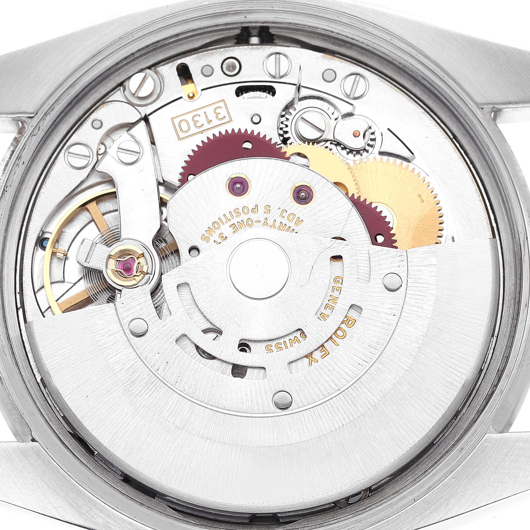 This image displays the movement mechanism of a Rolex Air-King 114200 Men's Stainless Steel Blue Dial 114200 Men's Stainless Steel Blue Dial watch from a rear angle.