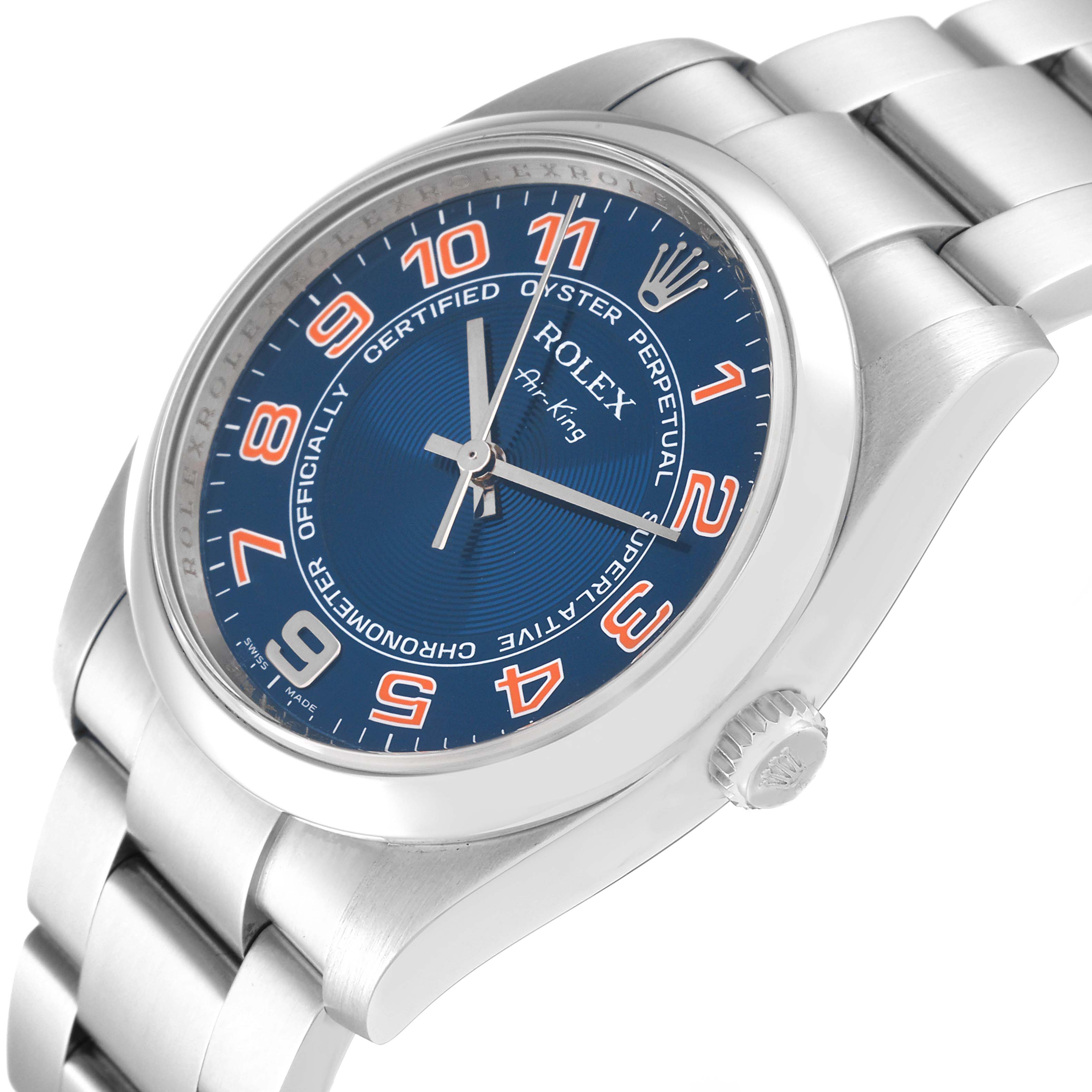 The Rolex Air-King 114200 Men's Stainless Steel Blue Dial 114200 Men's Stainless Steel Blue Dial watch is shown at an angle highlighting the dial, bezel, crown, and parts of the bracelet.