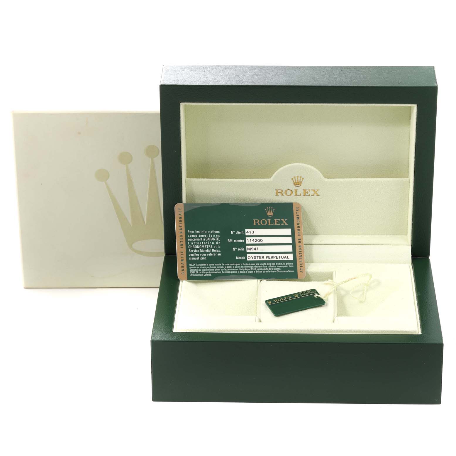 The image shows the packaging, warranty card, and tag for a Rolex Air-King 114200 Men's Stainless Steel Blue Dial 114200 Men's Stainless Steel Blue Dial watch, but the watch itself is not visible.