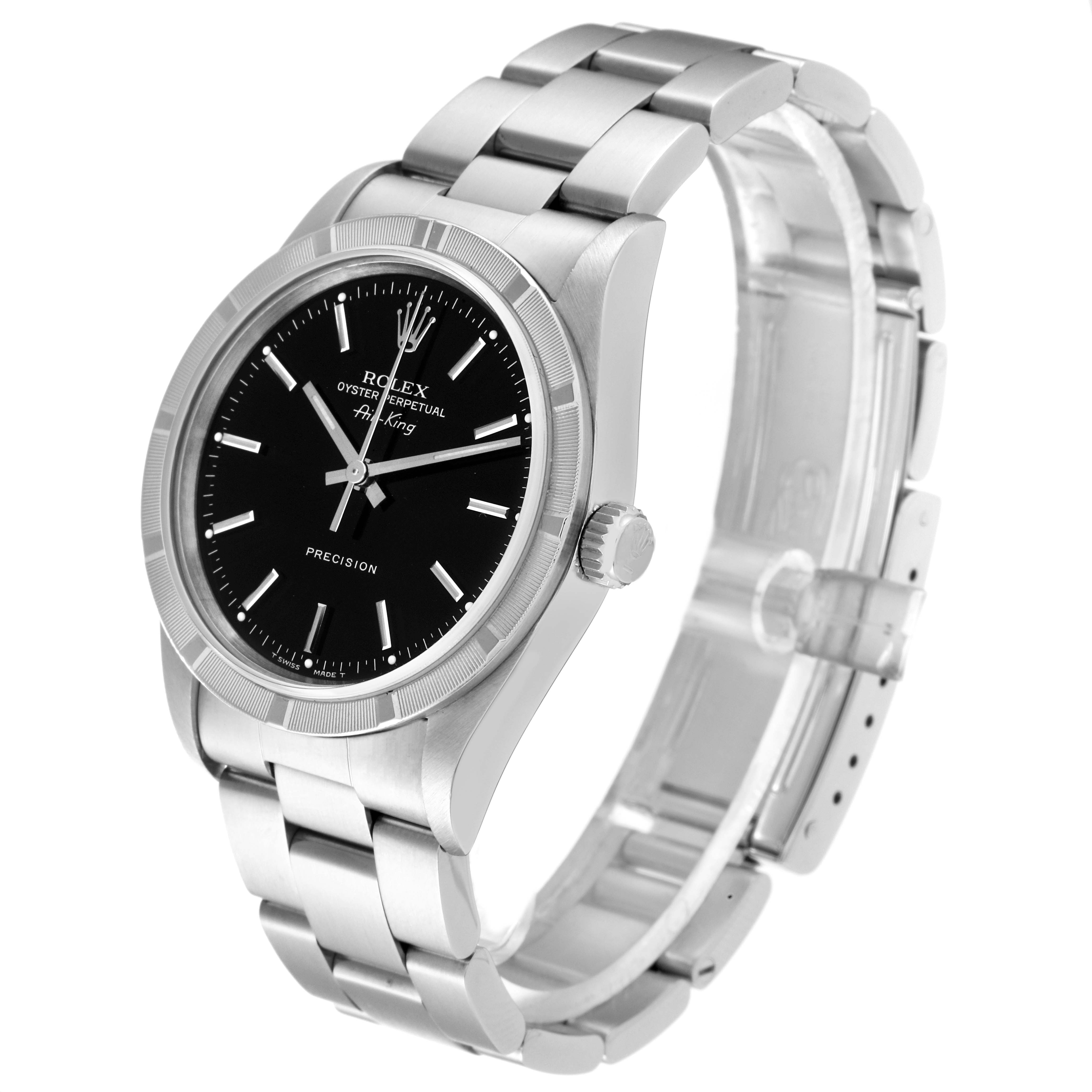 The Rolex Air-King 14010 Men's Stainless Steel Black Dial 14010 Men's Stainless Steel Black Dial watch is shown at an angled side view, featuring the face, bezel, crown, and bracelet.