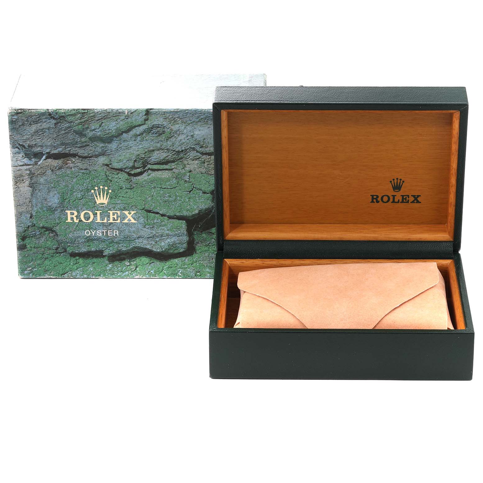 The image shows a Rolex Air-King 14010 Men's Stainless Steel Black Dial 14010 Men's Stainless Steel Black Dial watch box, with an external green box and an open wooden interior box.