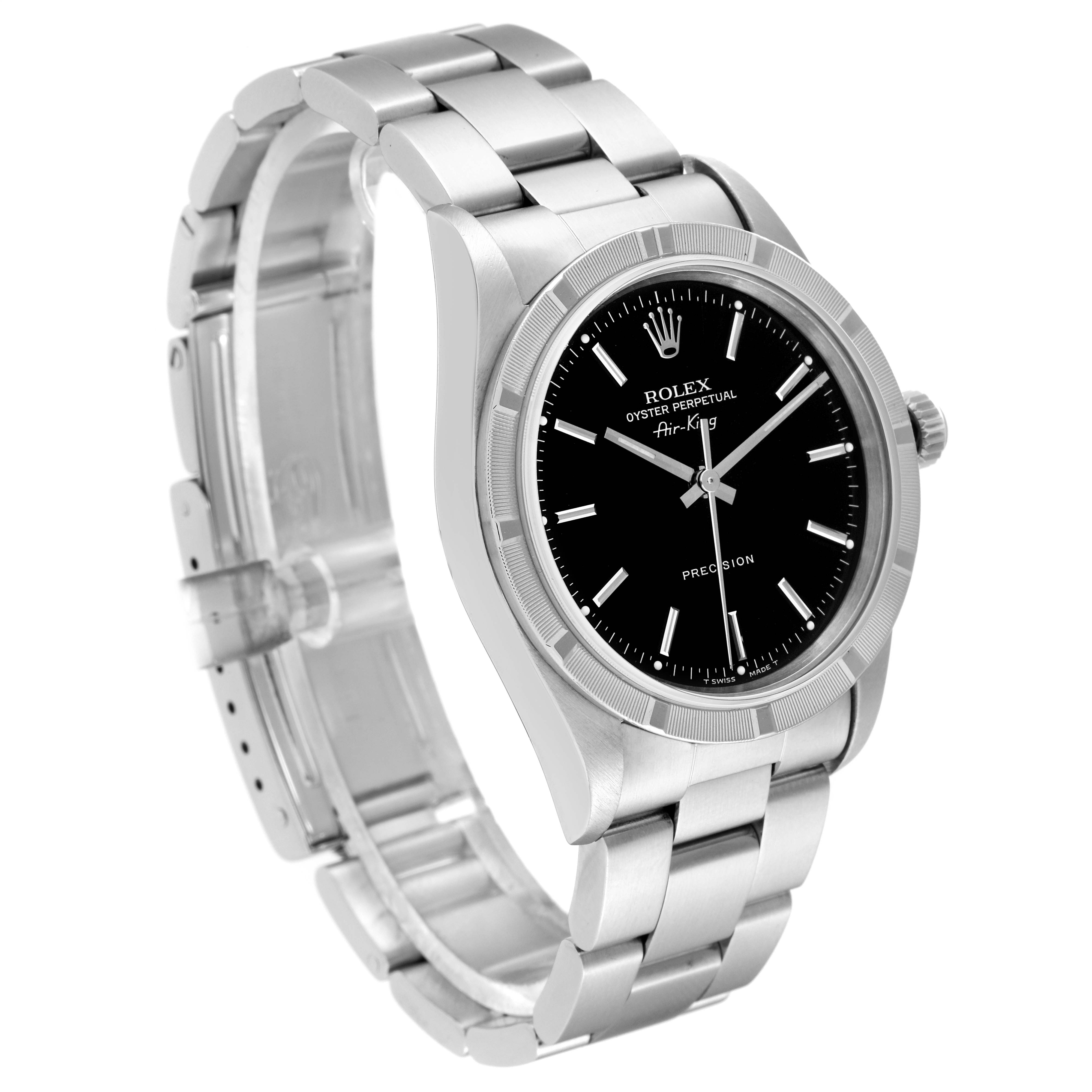 This image shows a Rolex Air-King 14010 Men's Stainless Steel Black Dial 14010 Men's Stainless Steel Black Dial watch from a three-quarter angle, highlighting its black dial, bezel, crown, and bracelet.