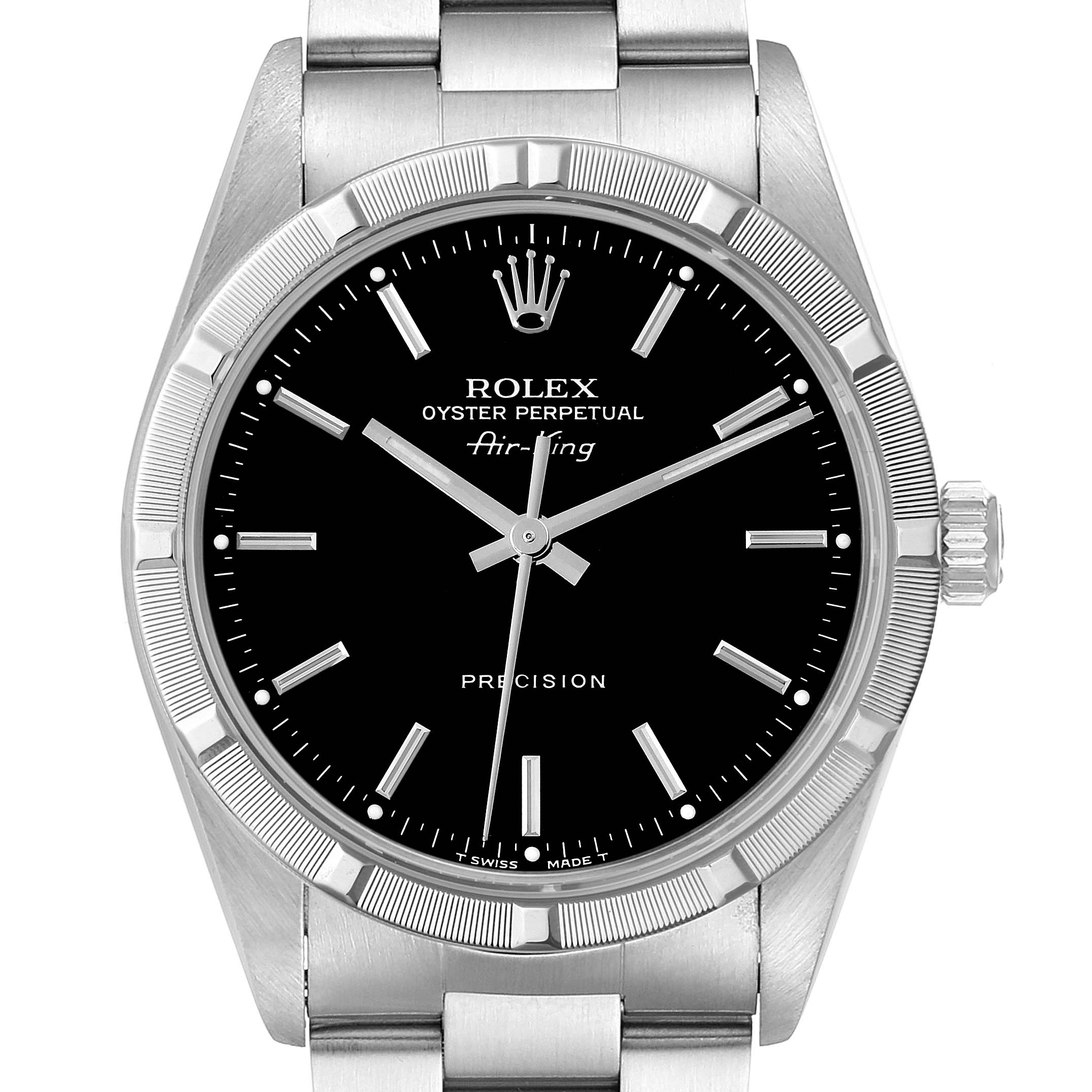 The image shows a front view of a Rolex Air-King 14010 Men's Stainless Steel Black Dial 14010 Men's Stainless Steel Black Dial watch, highlighting the black dial, bezel, and part of the bracelet.