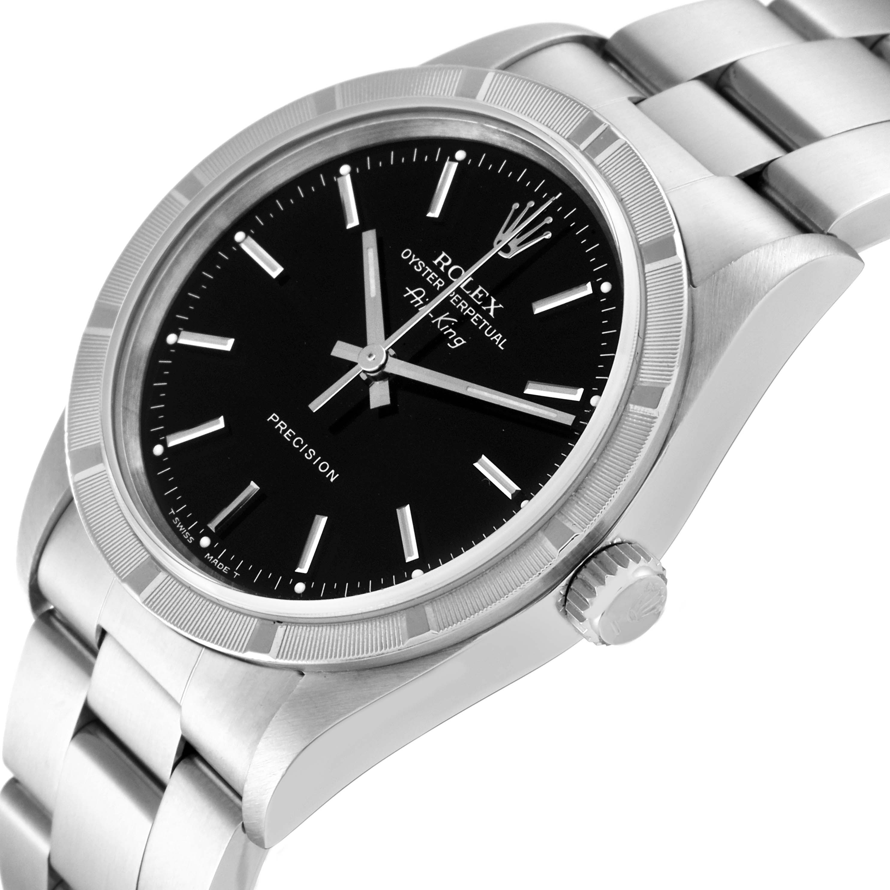 The image shows a Rolex Air-King 14010 Men's Stainless Steel Black Dial 14010 Men's Stainless Steel Black Dial watch from a side angle highlighting the dial, bezel, crown, and part of the bracelet.