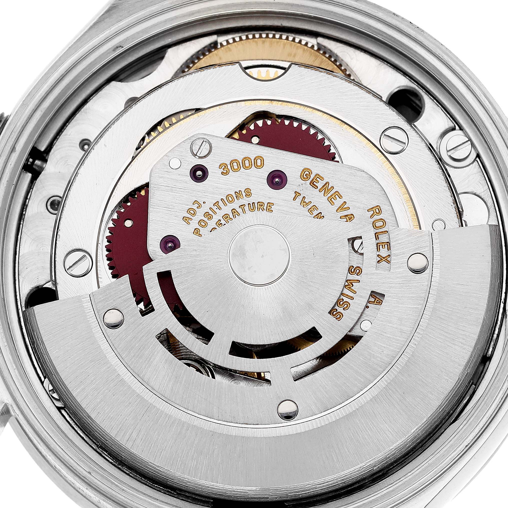 The image shows the internal mechanism of a Rolex Air-King 14010 Men's Stainless Steel Black Dial 14010 Men's Stainless Steel Black Dial watch, captured from the back, highlighting the movement parts.