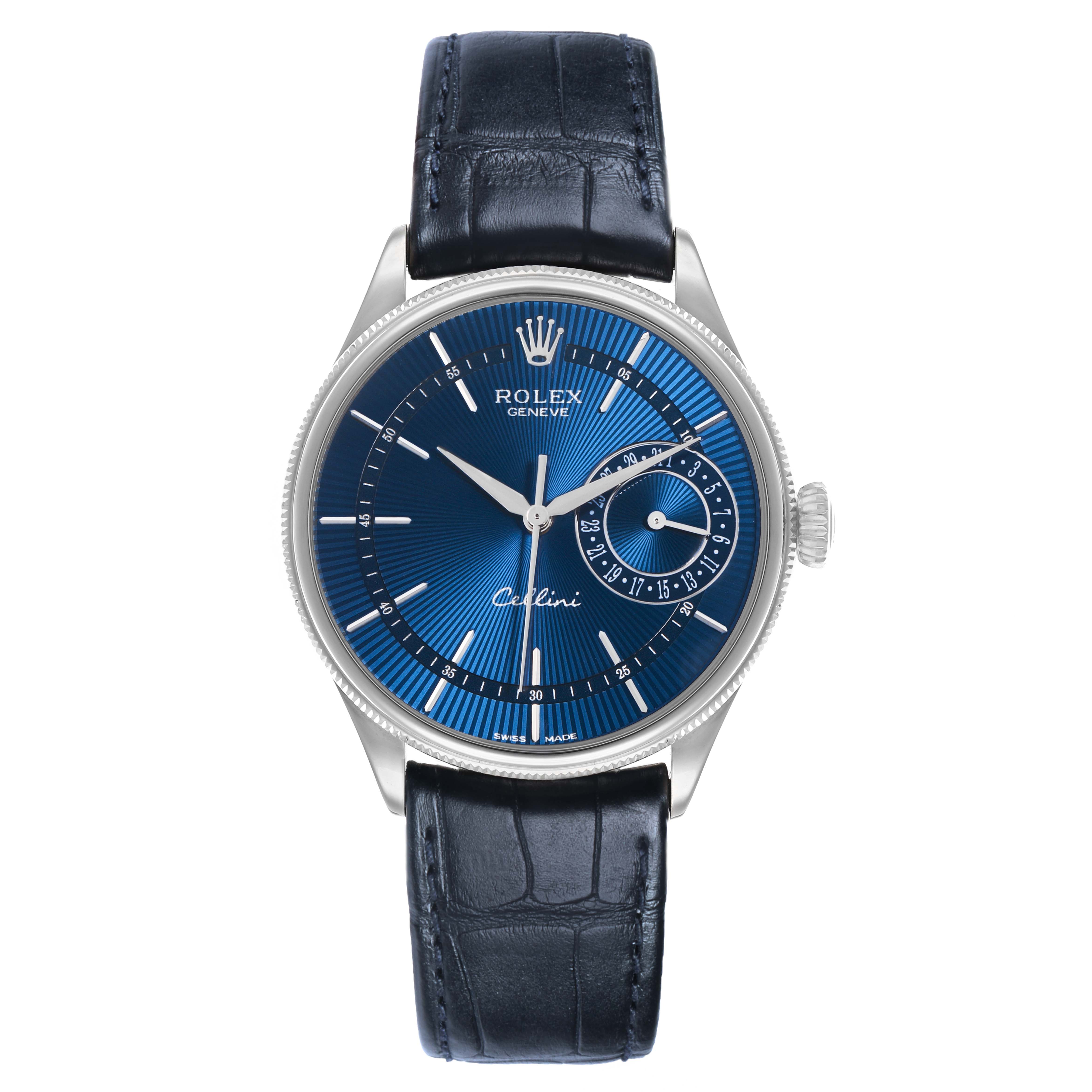 The Rolex Cellini 50519 Men's White Gold Blue Dial watch is shown from a front angle, displaying the blue dial, leather strap, and crown.