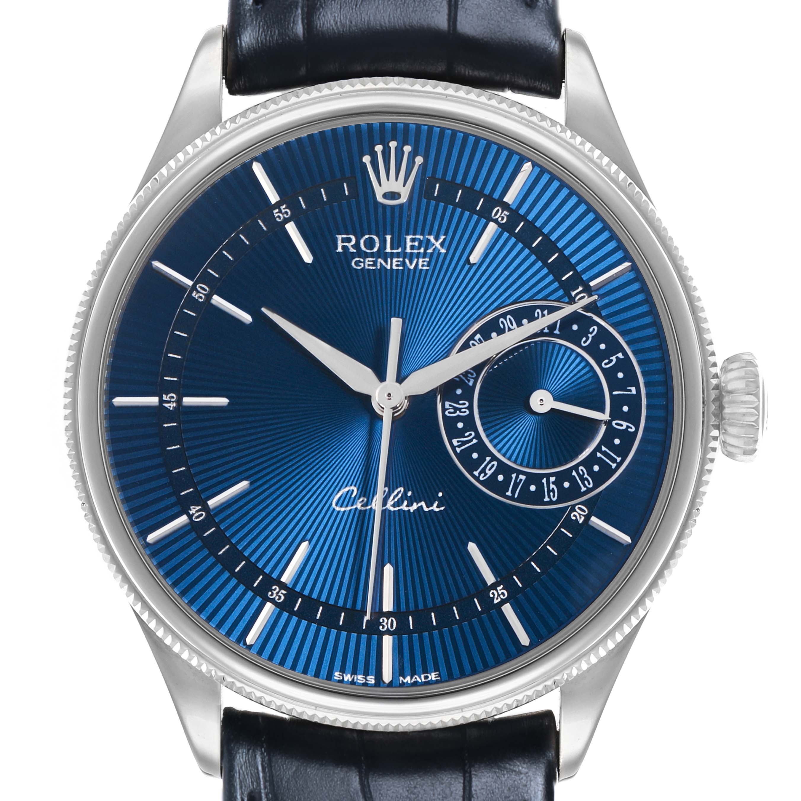 The Rolex Cellini 50519 Men's White Gold Blue Dial watch is shown from a front angle, featuring a blue dial, silver hour markers, and a black leather strap.