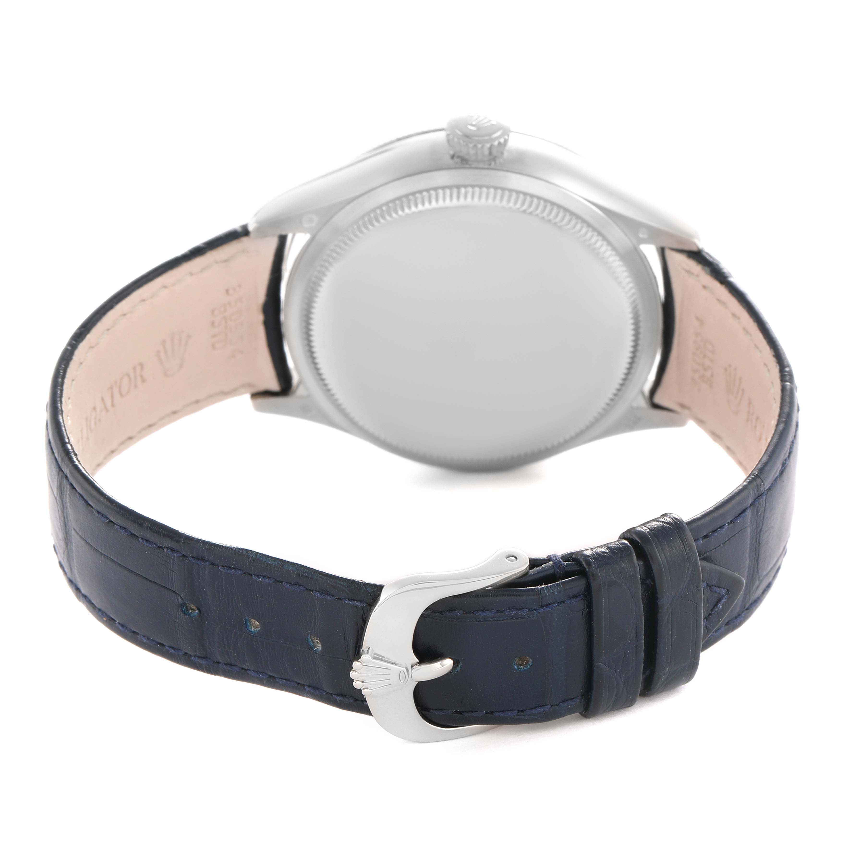 The image shows the back of a Rolex Cellini 50519 Men's White Gold Blue Dial watch, highlighting the case, crown, and blue leather strap with a buckle.