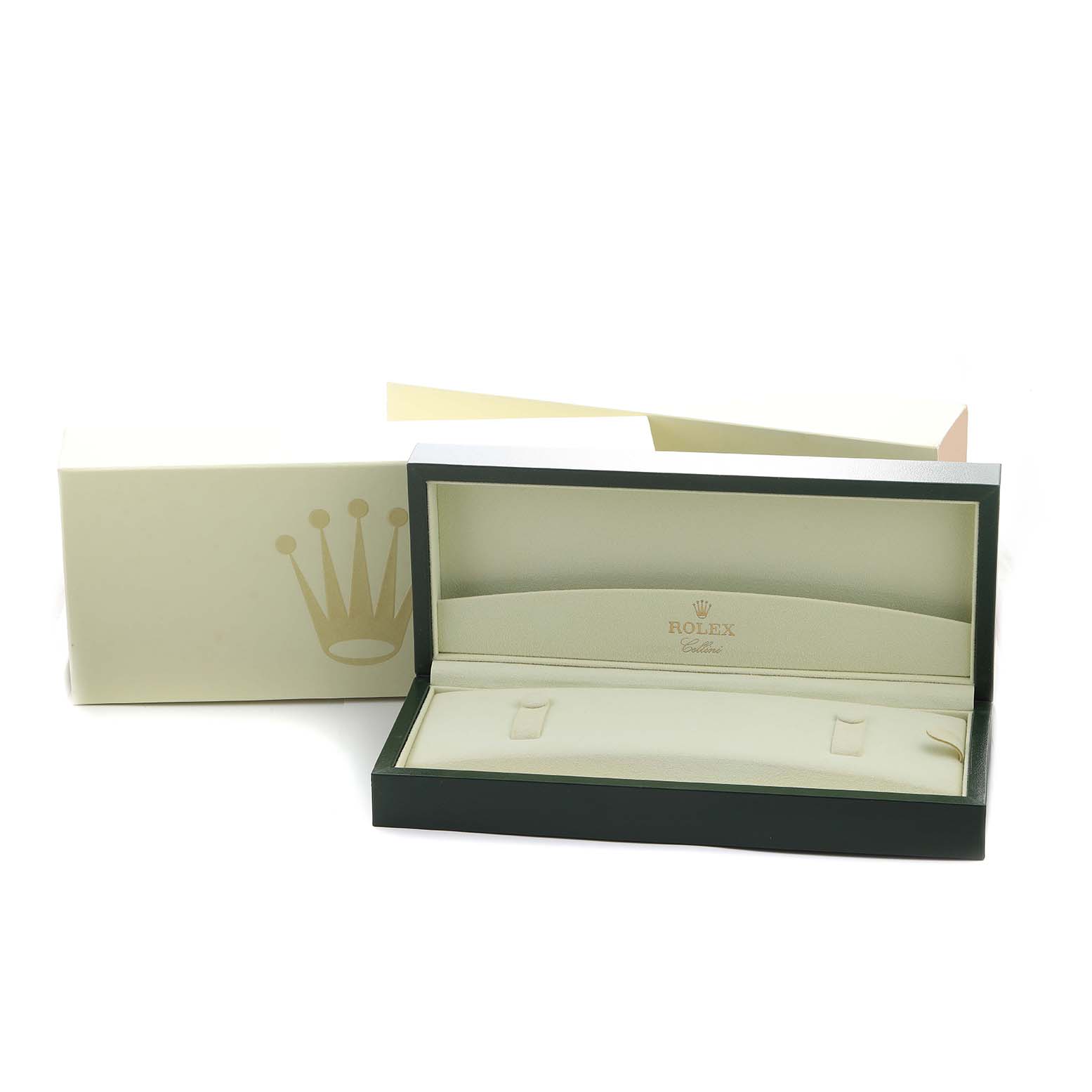 The image shows an open Rolex Cellini 50519 Men's White Gold Blue Dial watch box at a slight angle, displaying the interior with branding.