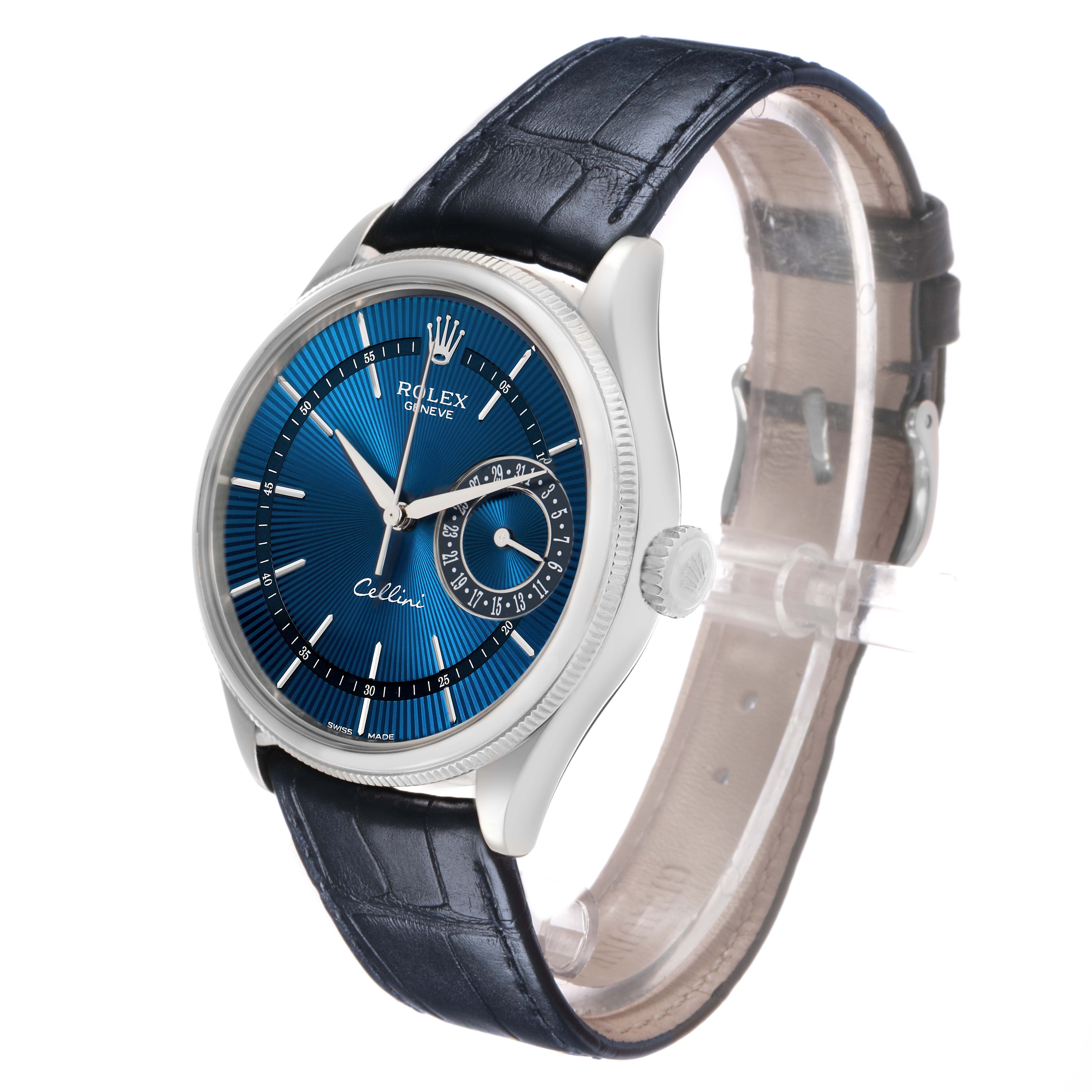 The Rolex Cellini 50519 Men's White Gold Blue Dial watch is shown at a three-quarter angle, displaying its blue dial, bezel, crown, and leather strap.