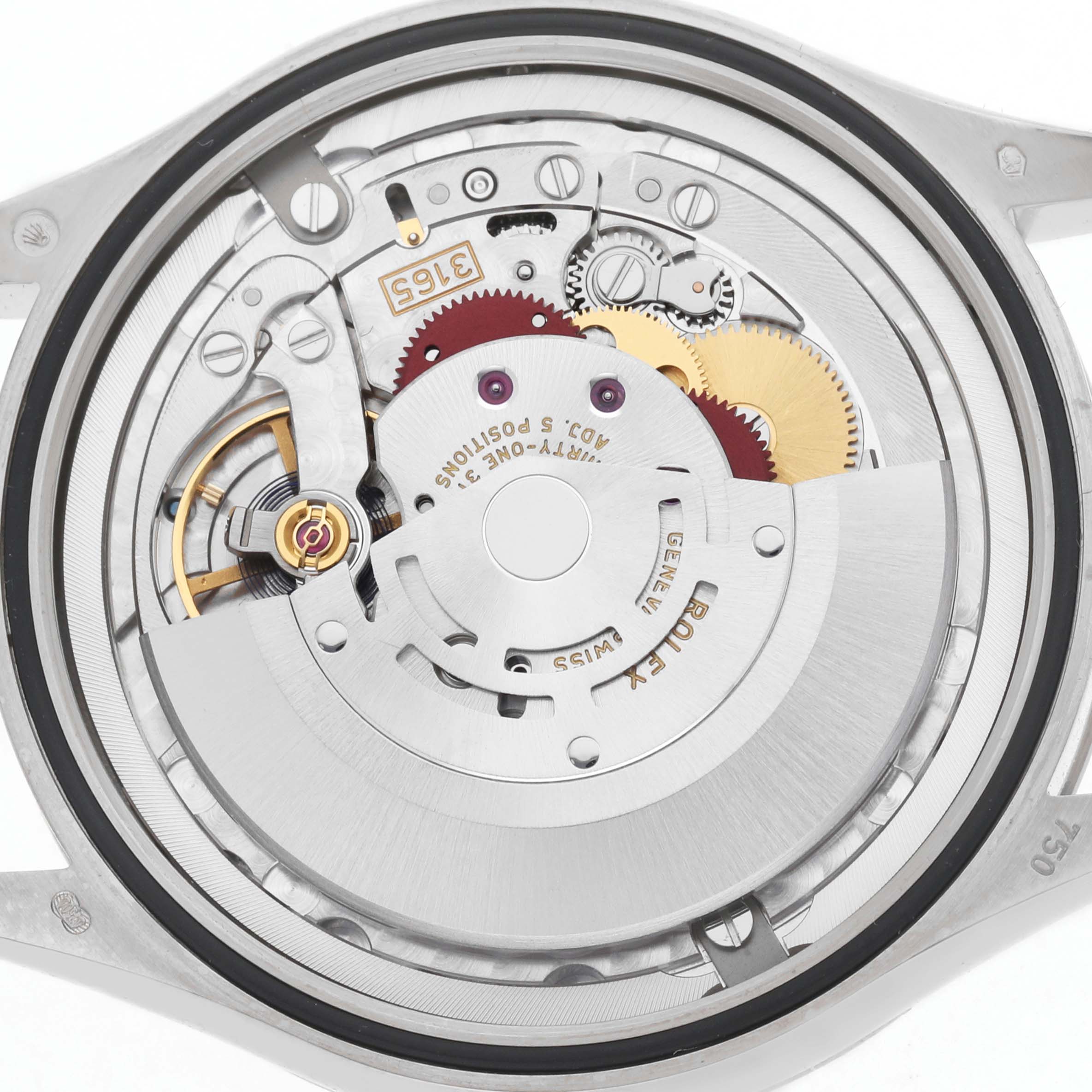 The image shows the intricate back view of the Rolex Cellini 50519 Men's White Gold Blue Dial watch, displaying its mechanical movement components.