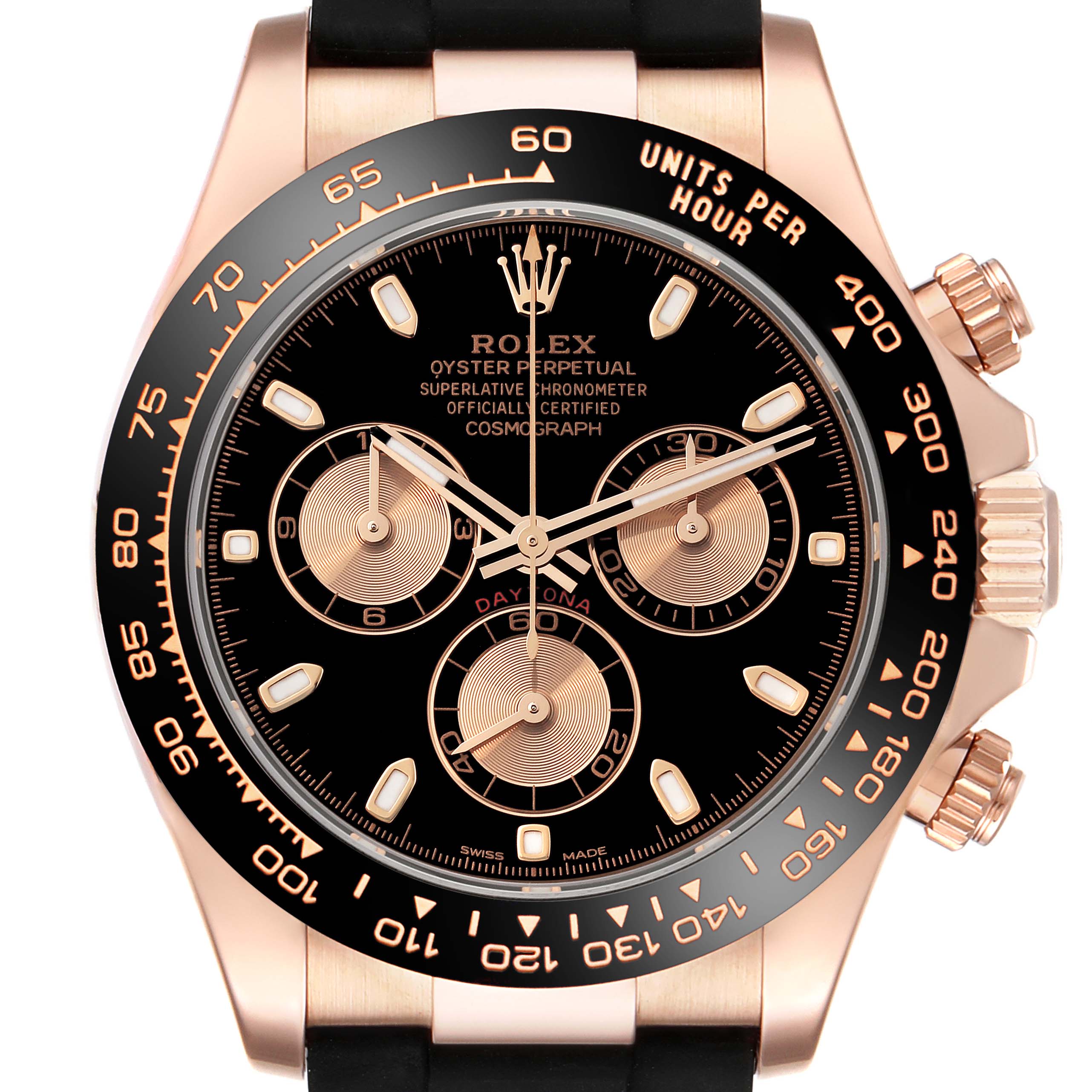 The image shows a close-up front view of the Rolex Daytona 116515LN Men's Rose Gold Black Dial 116515LN Men's Rose Gold Black Dial with a black dial, chronograph subdials, and an Oysterflex strap.