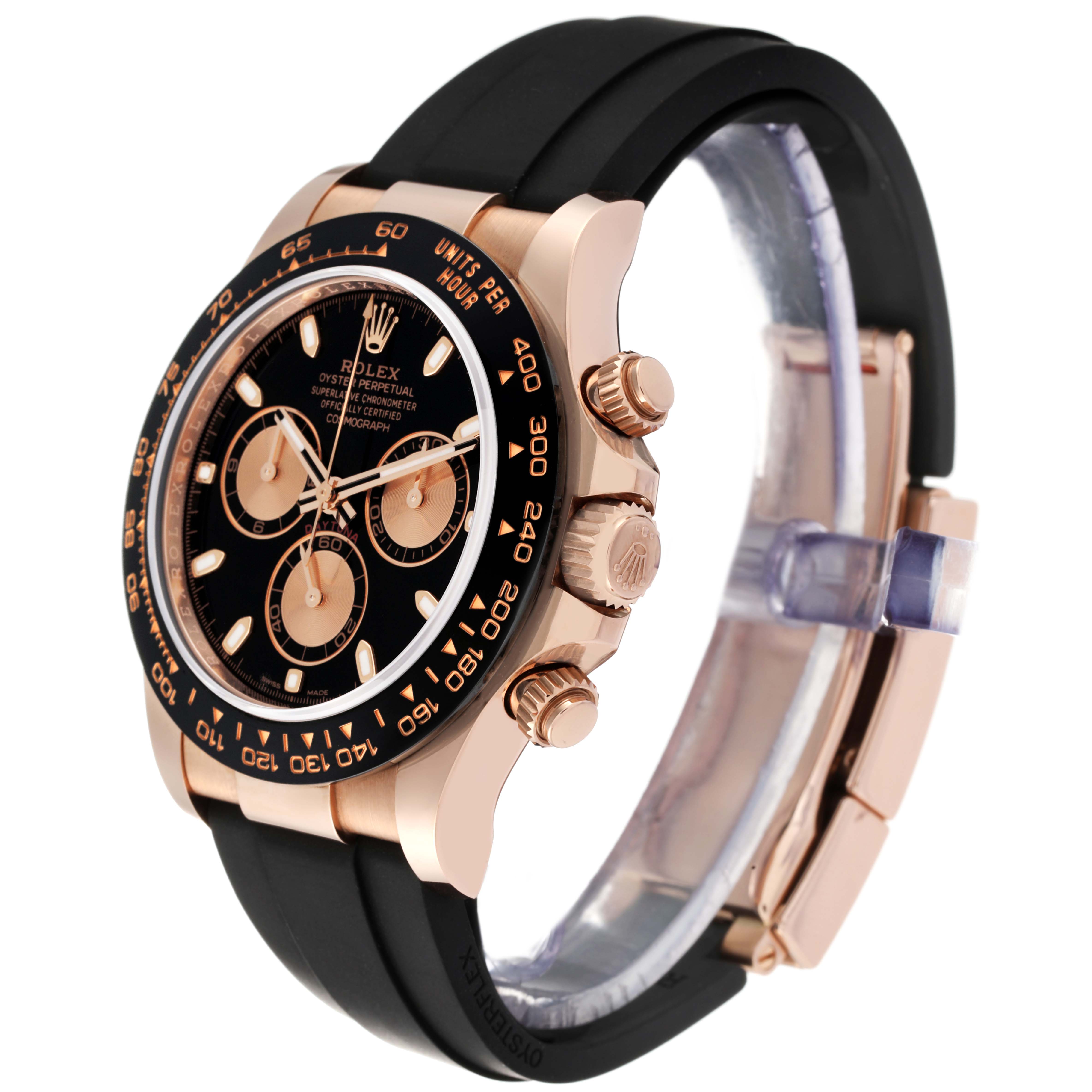 The Rolex Daytona 116515LN Men's Rose Gold Black Dial 116515LN Men's Rose Gold Black Dial watch is shown at a three-quarter angle displaying its face, bezel, pushers, crown, and strap clasp.