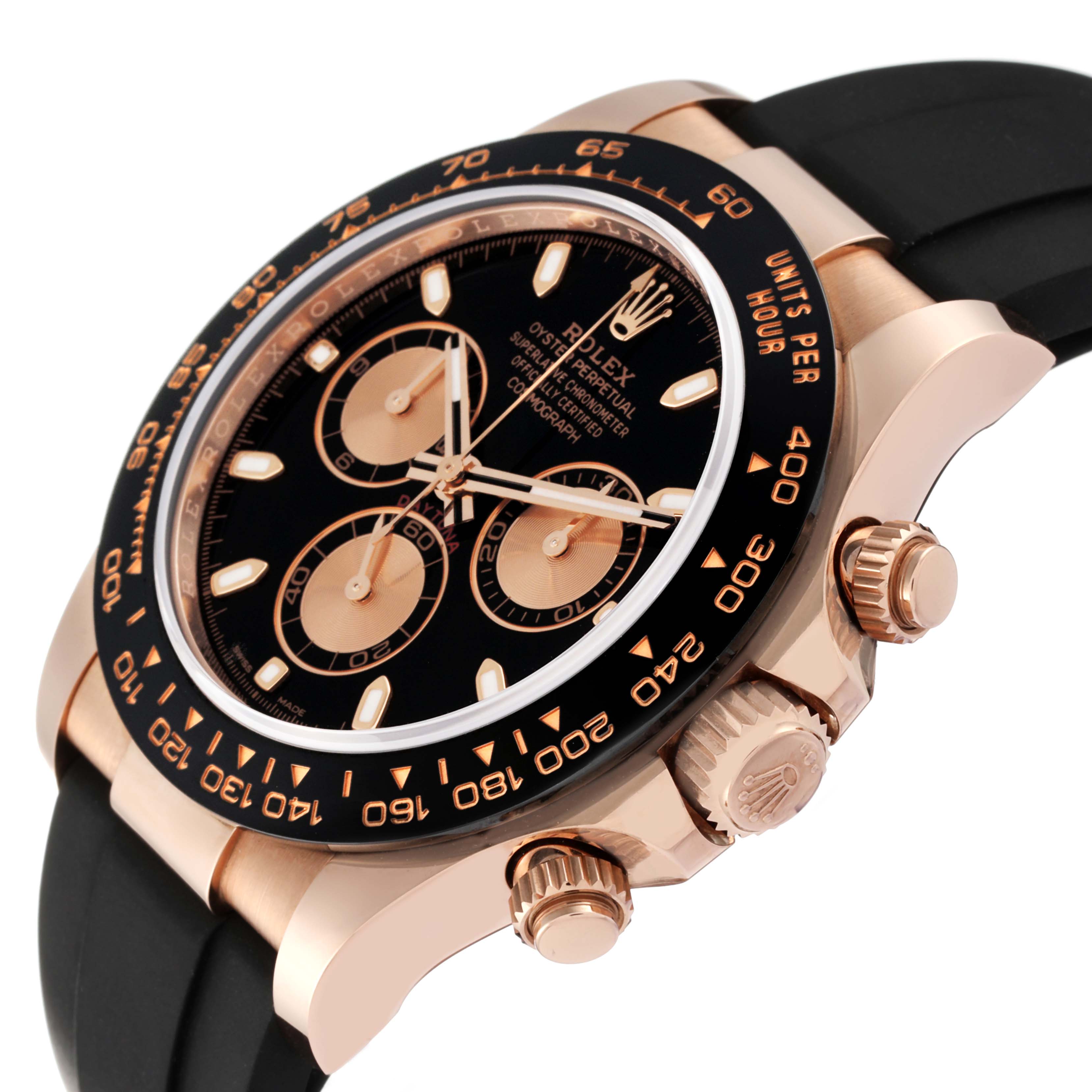 This image shows a close-up side angle of the Rolex Daytona 116515LN Men's Rose Gold Black Dial 116515LN Men's Rose Gold Black Dial watch, highlighting the bezel, dial, crown, and pushers.