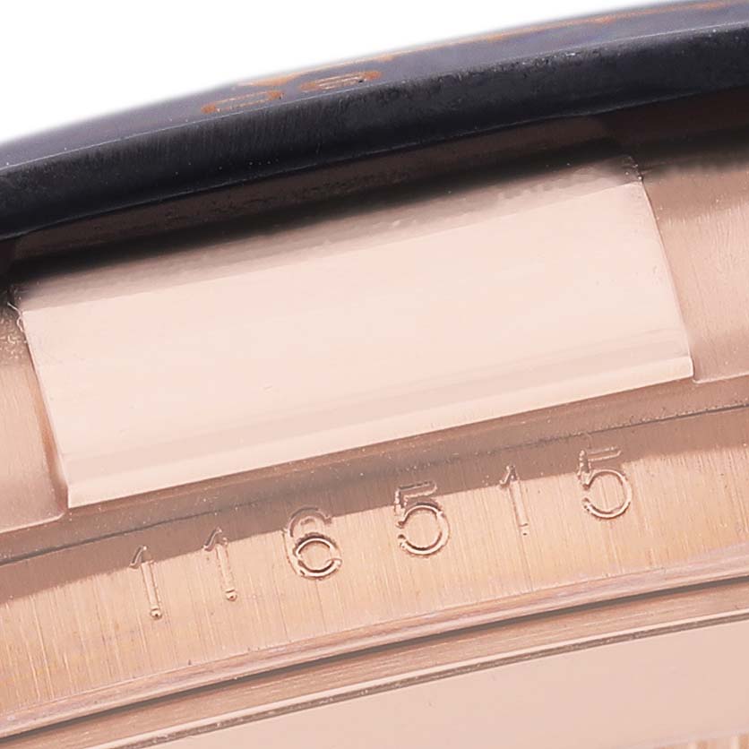 The image shows a close-up of the model number "116515" engraved on the case of a Rolex Daytona 116515LN Men's Rose Gold Black Dial 116515LN Men's Rose Gold Black Dial watch.