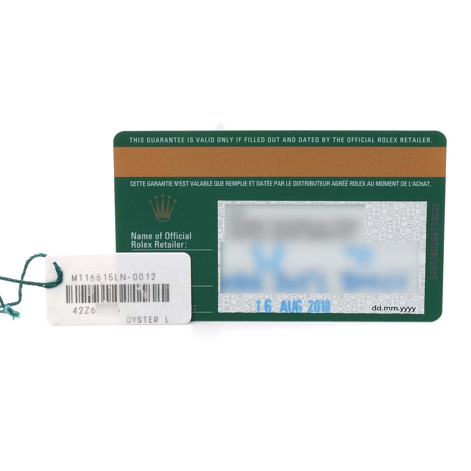 The image shows a Rolex Daytona 116515LN Men's Rose Gold Black Dial 116515LN Men's Rose Gold Black Dial watch's authentication card and hang tag, including the model number and serial number.